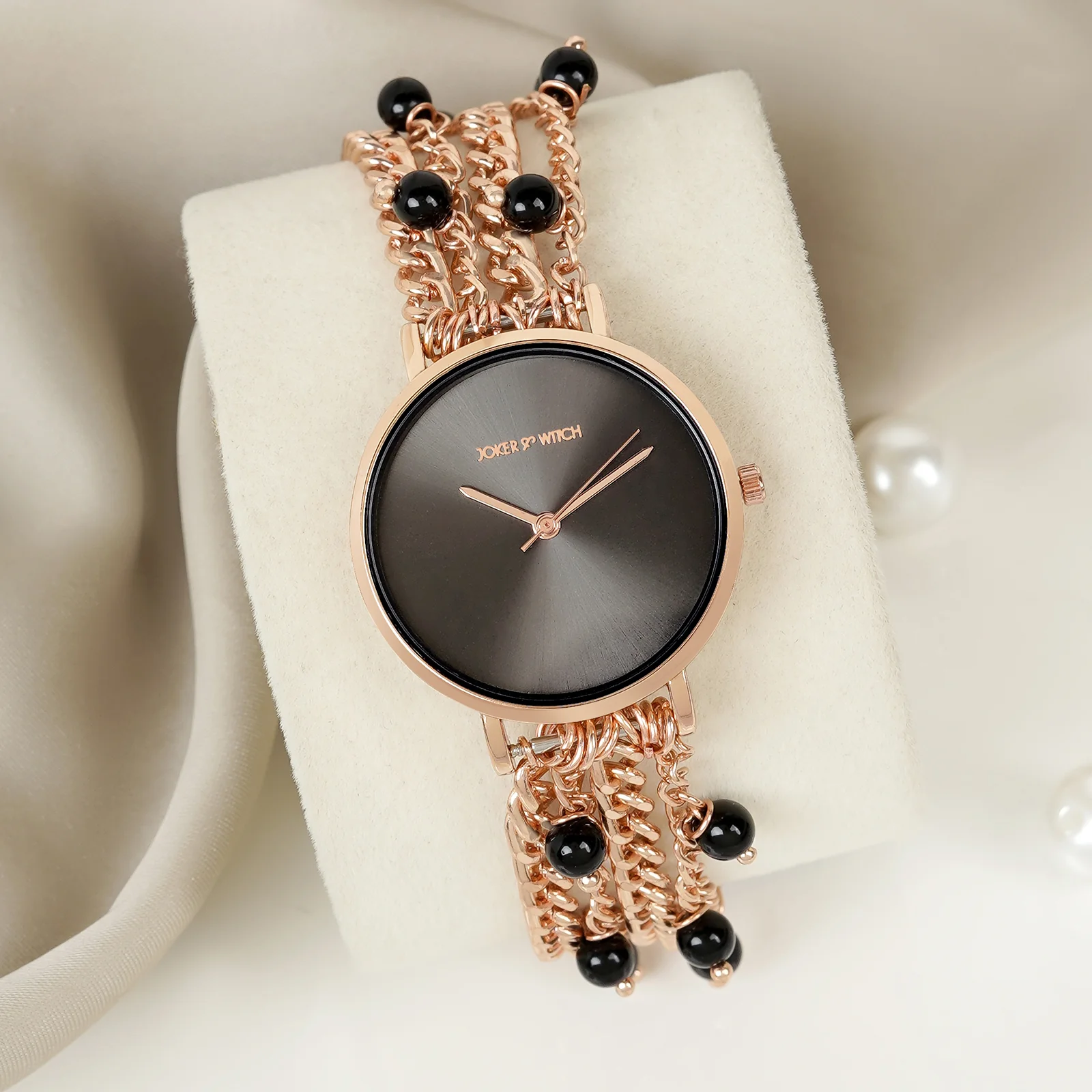 Adaline Black Medium Dial Rose Gold Pearl Strap Women's Watch