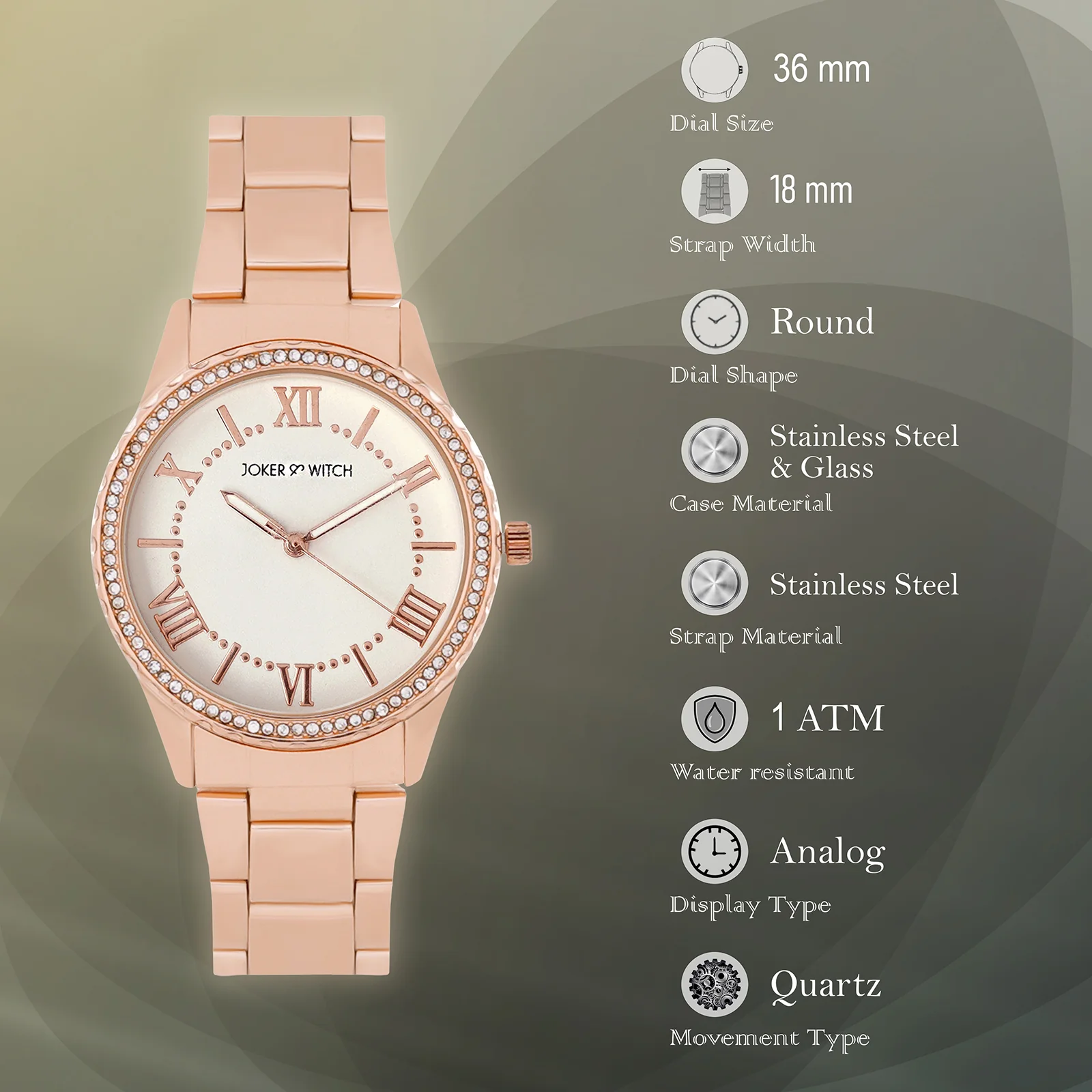 Adrenalina White Medium Rhinestone Dial Rose Gold Linked Chain Strap Women's Watch - Image 7