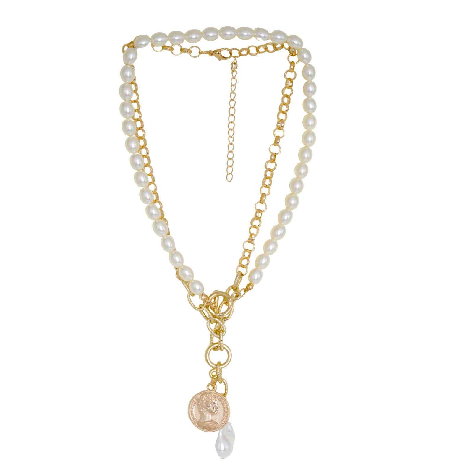 Alluring Pearl and Gold Chain Link Layered Necklace - Image 4