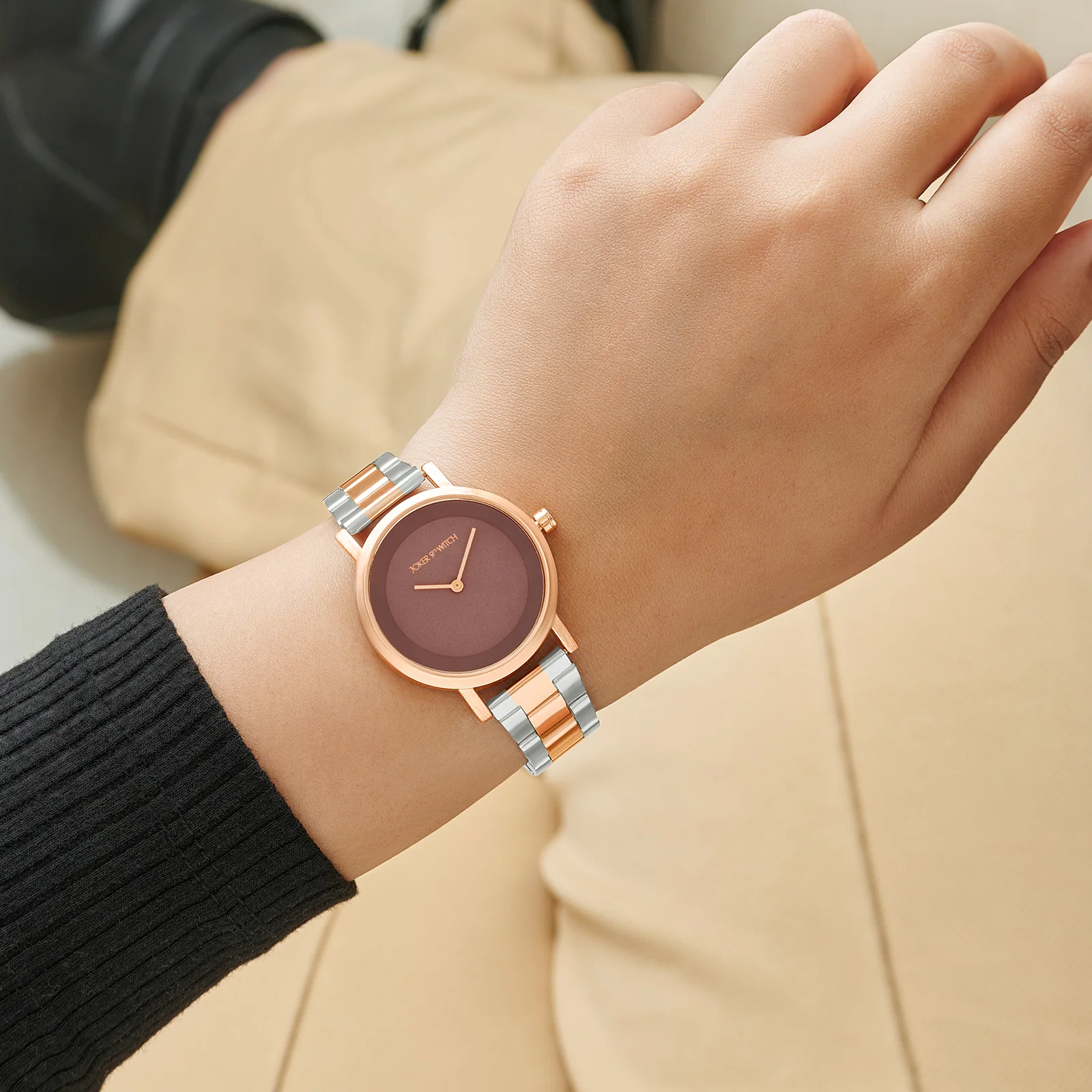 Amsterdam Taupe Medium Dial Dual Tone Linked Chain Strap Women's Watch