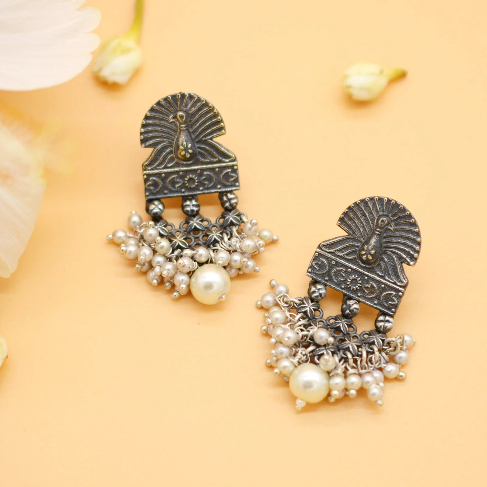 Antique Silver Peacock Pearl Earrings - Image 2