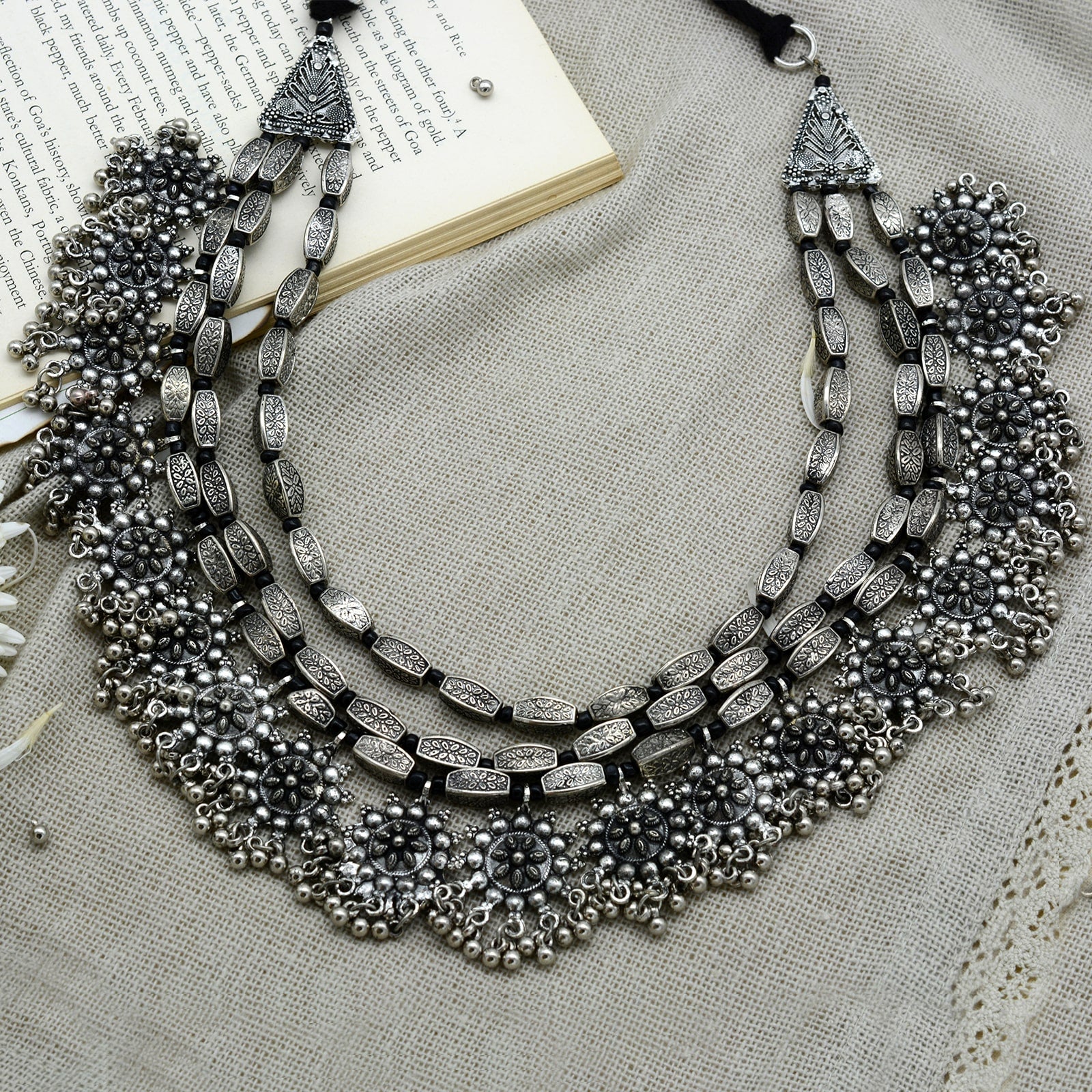 Anurima Floral Silver Oxidized Layered Necklace