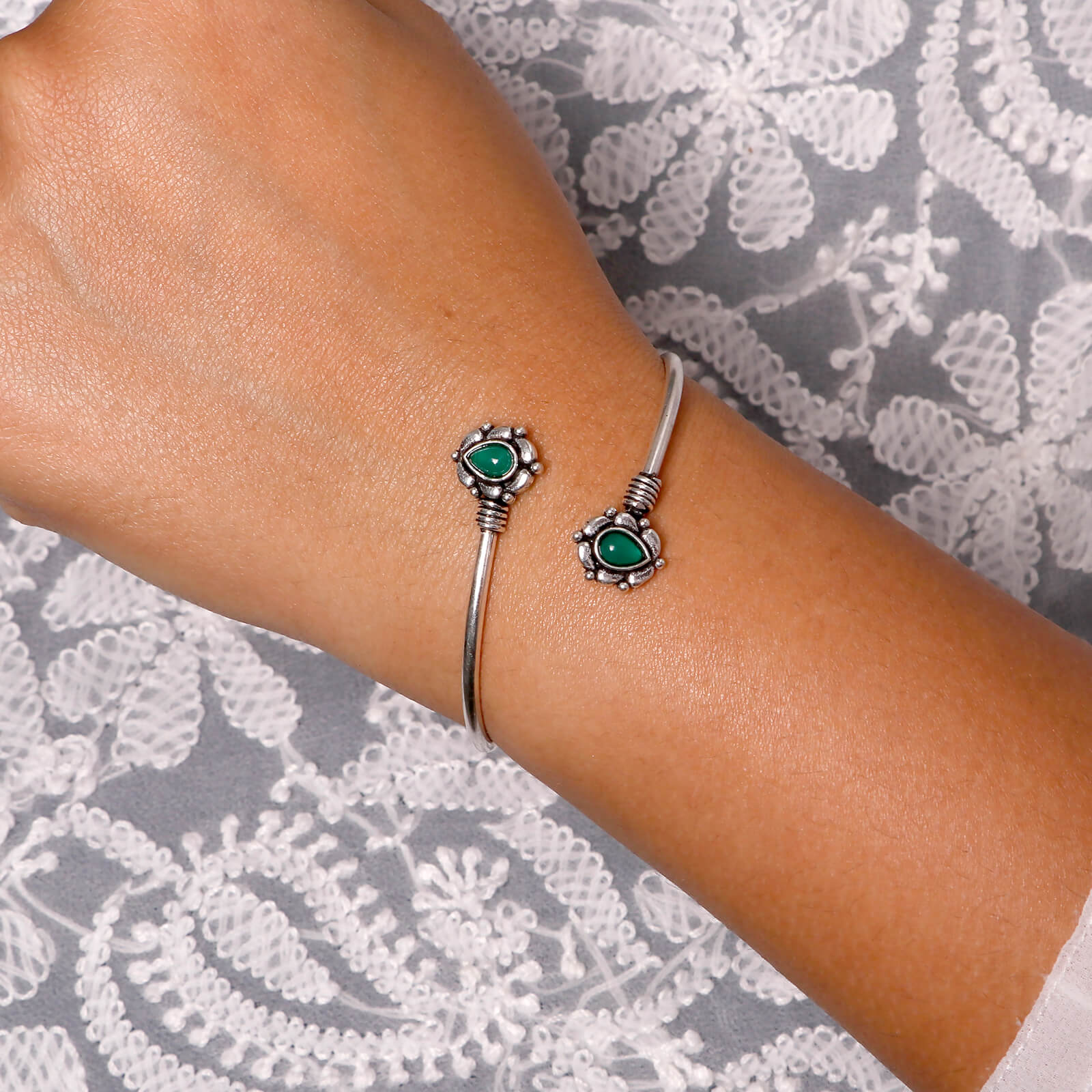 Aparna Green Leaf Silver Oxidized Bracelet