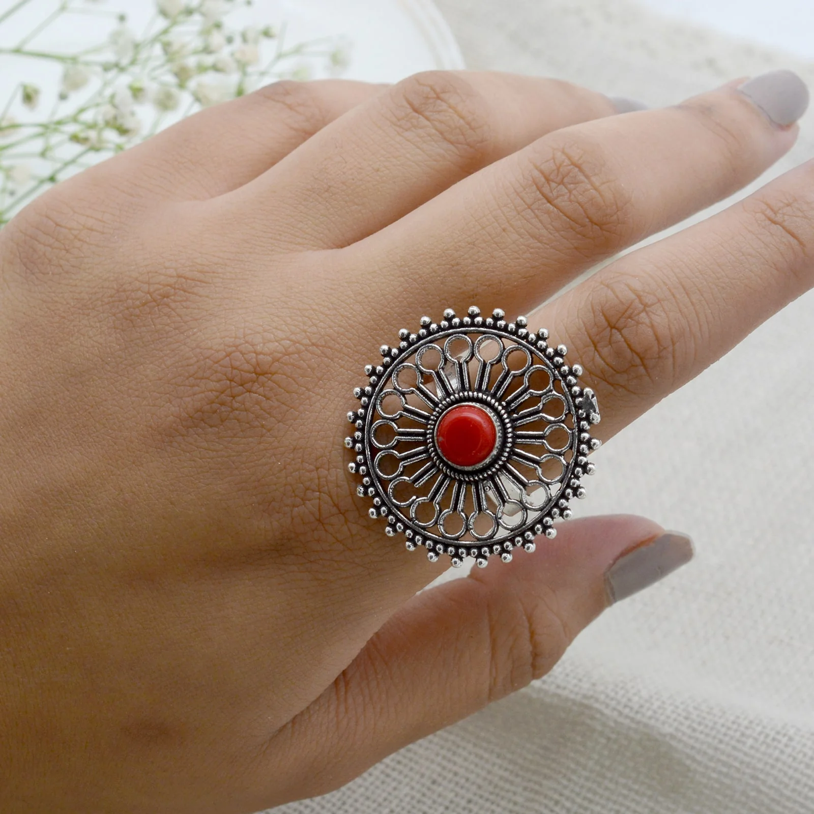 Aruna Red Silver Oxidized Ring