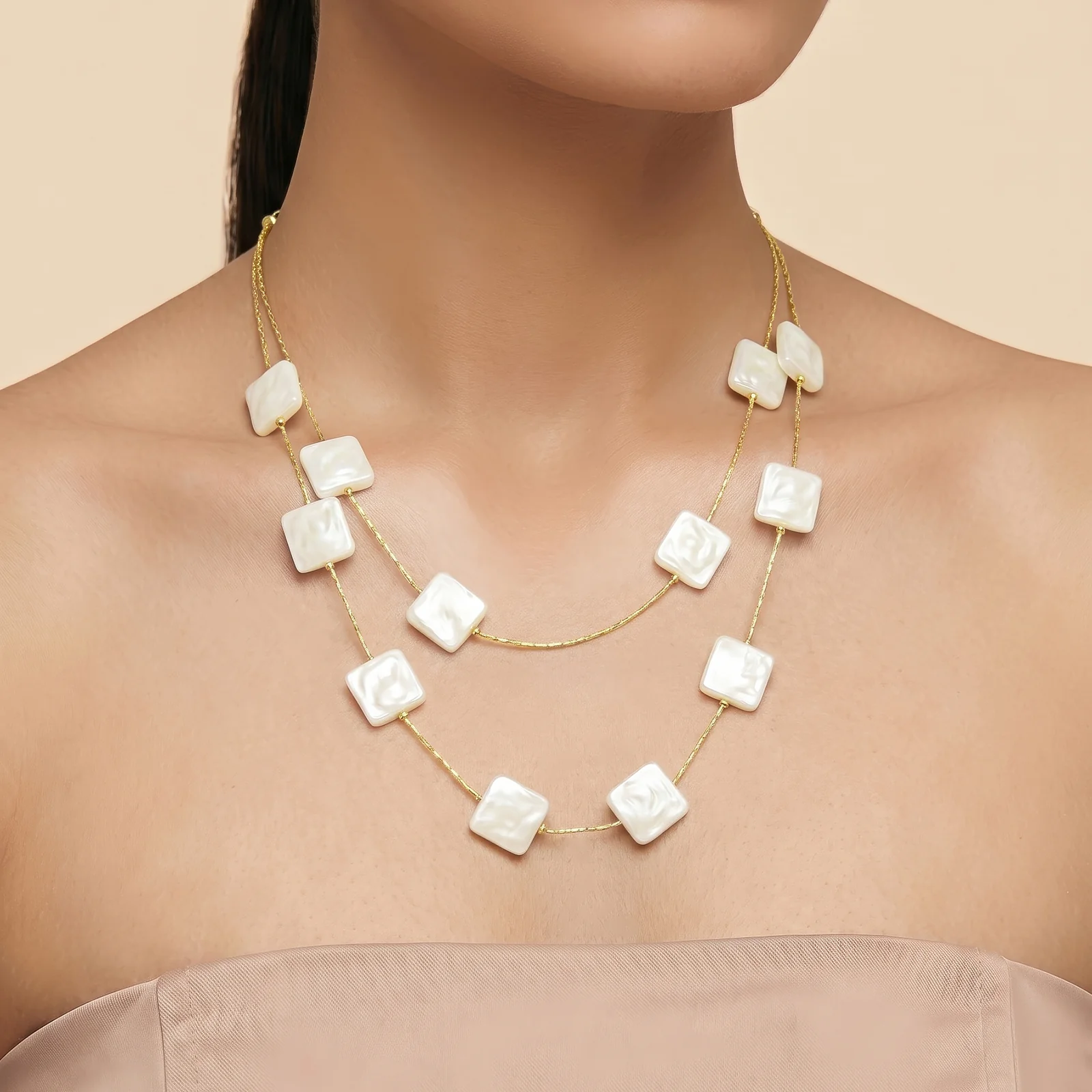 Beady Layered Square Pearl Necklace