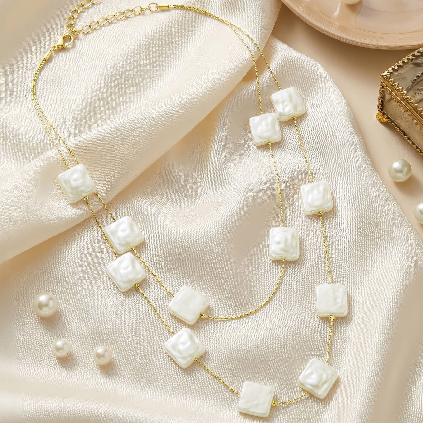 Beady Layered Square Pearl Necklace - Image 2