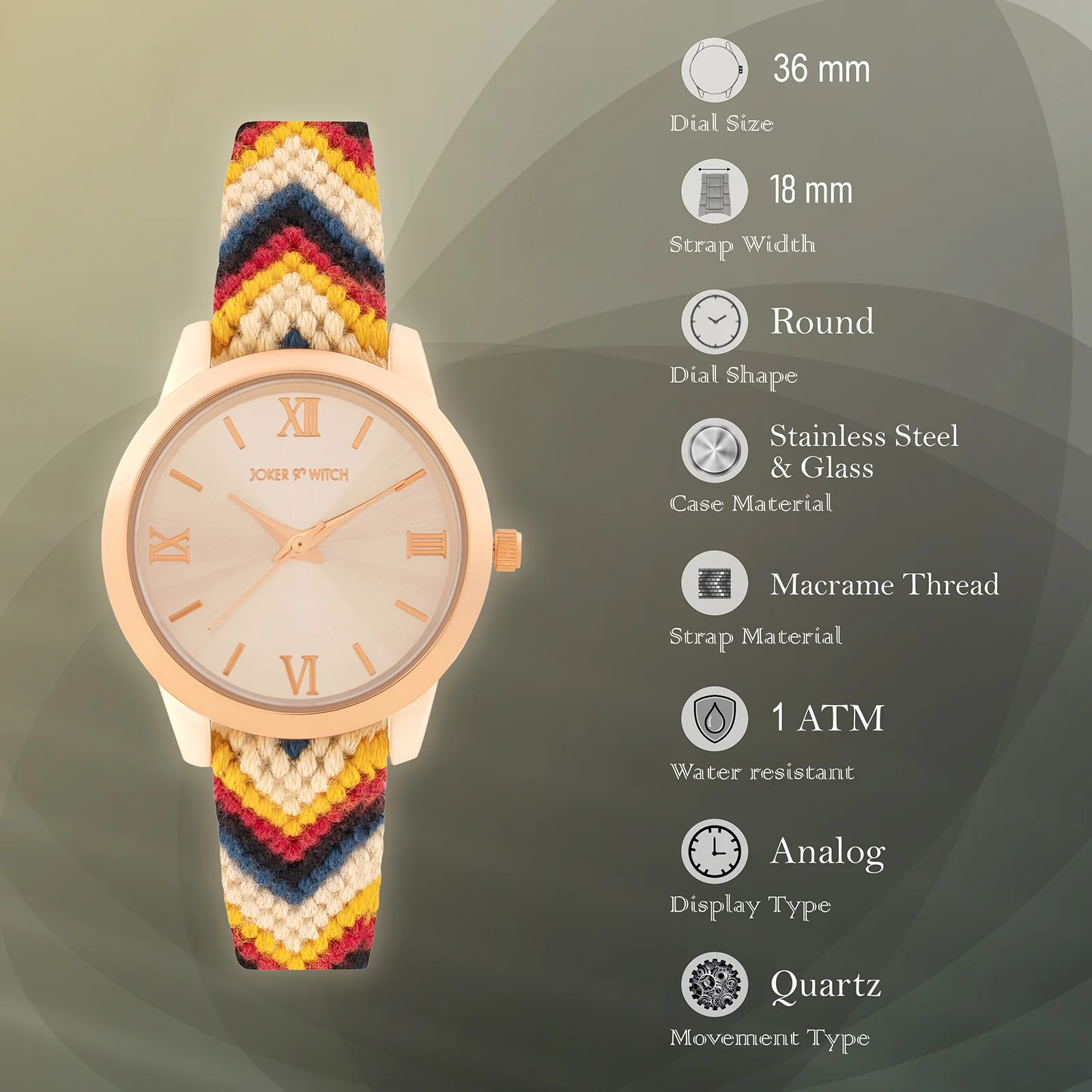 Boho Breeze Rose Gold Medium Dial Tribal Color Macrame Strap Women's Watch - Image 7
