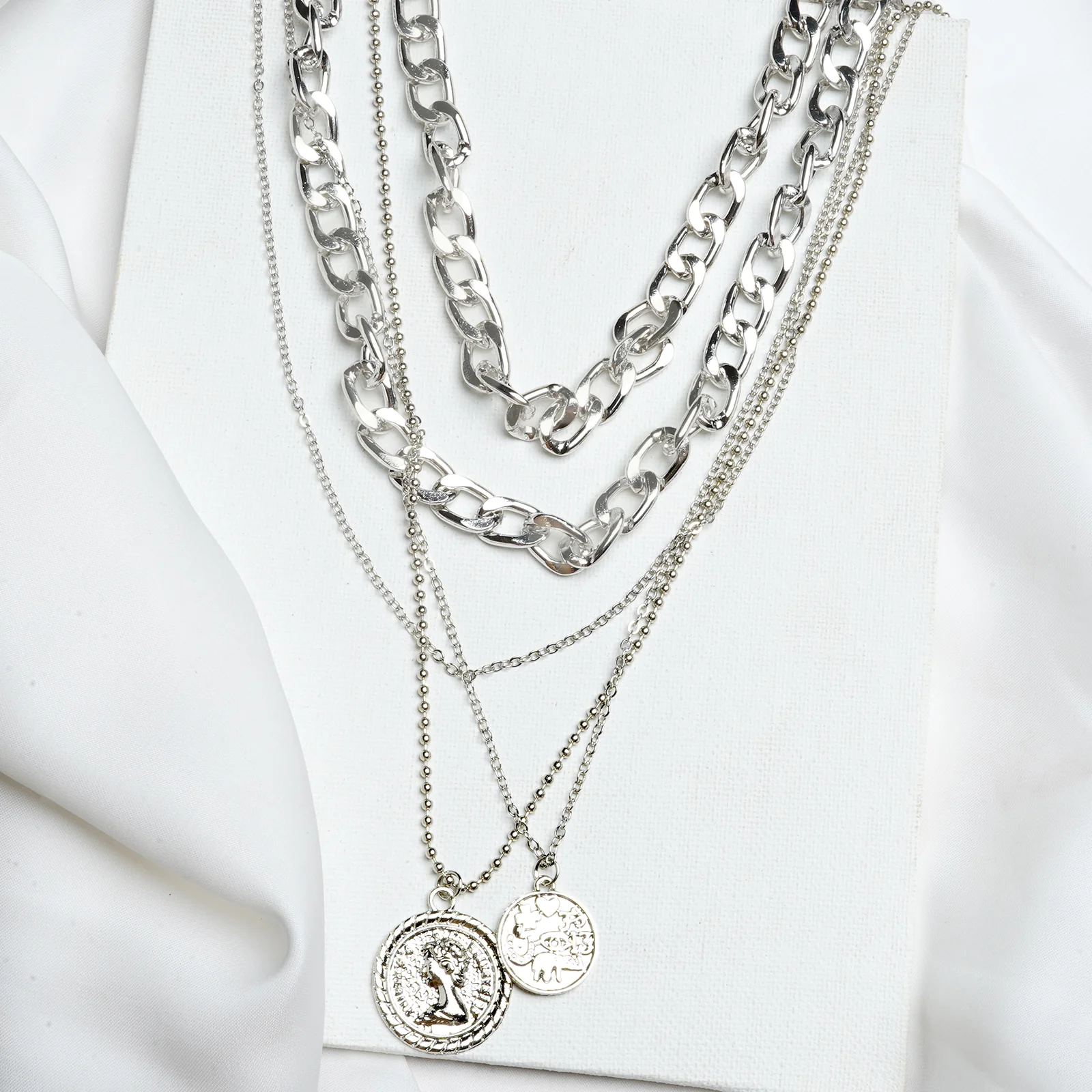 Chain Link Medallion Layered Silver Necklace