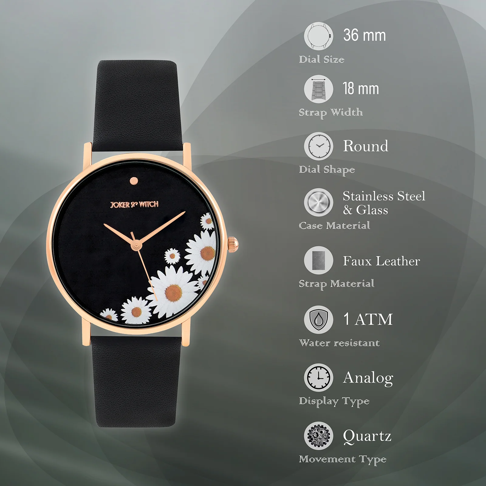 Printed Chamomile Black Medium Dial PU Strap Women's Watch - Image 7