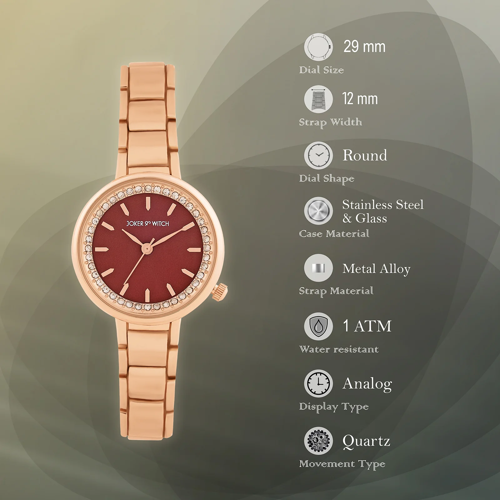 Chantal Maroon Small Rhinestone Dial Rose Gold Linked Chain Strap Women's Watch - Image 7