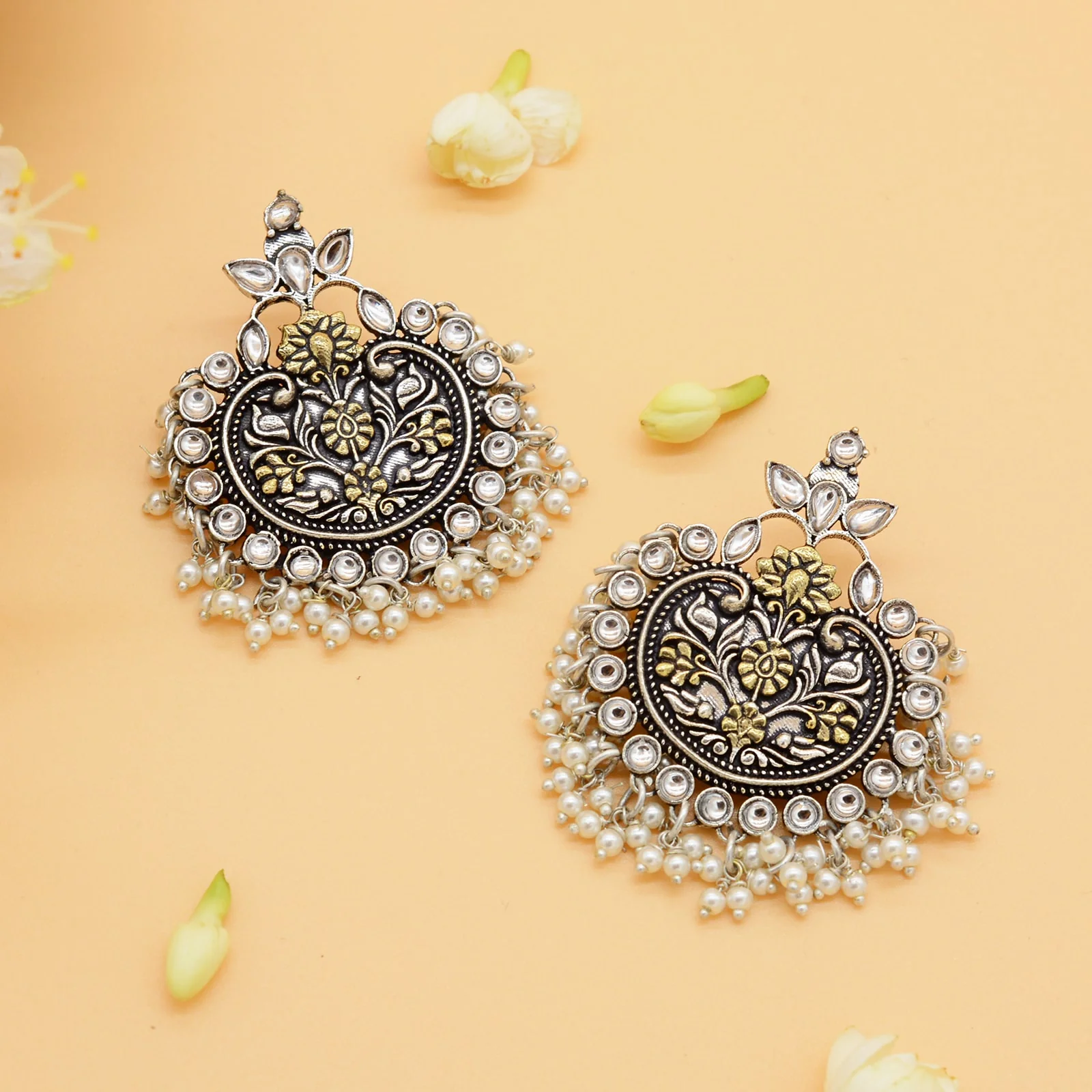 Dual tone Pearl Chandbali Earrings