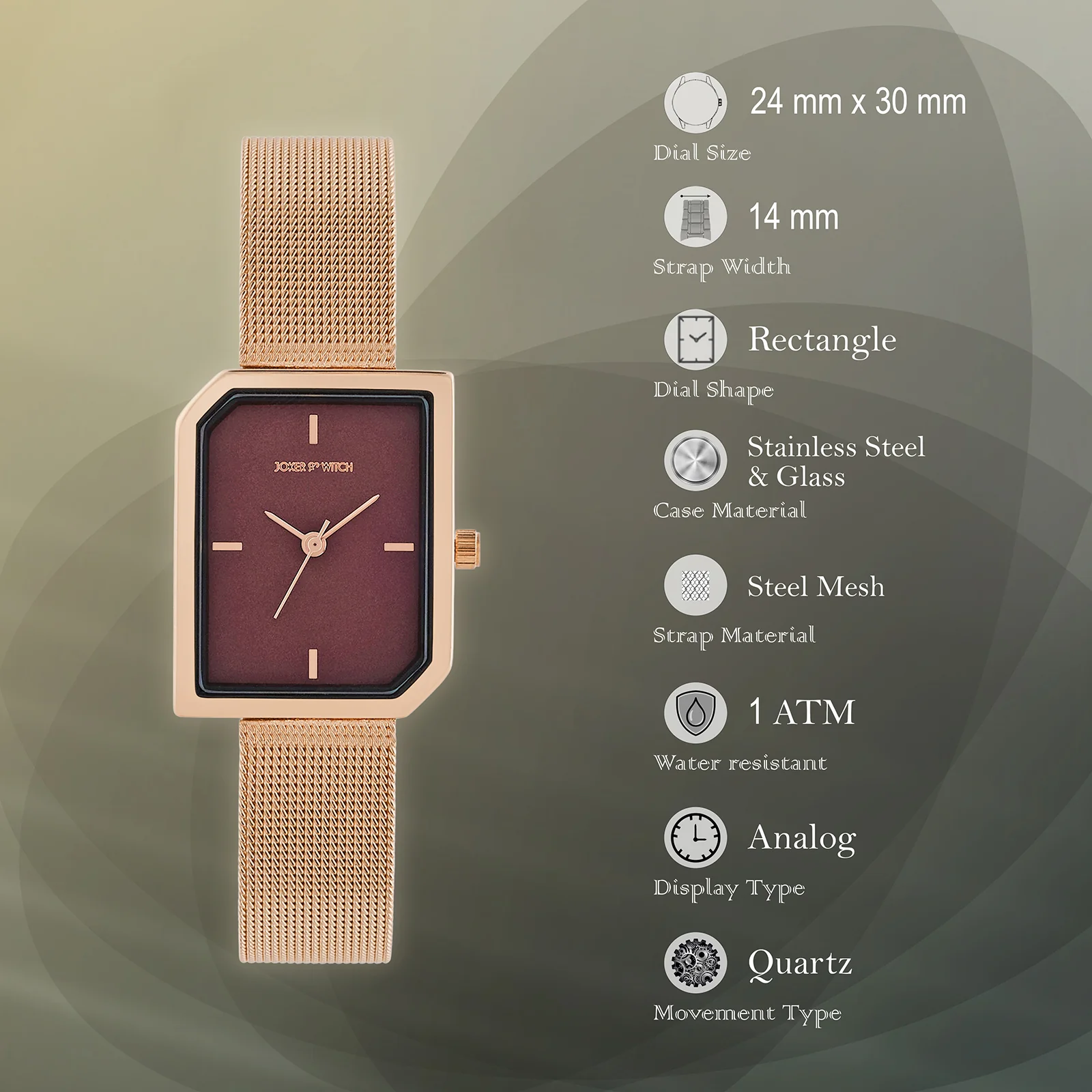 Edge Maroon Small Hexagon Dial Rose Gold Mesh Strap Women's Watch - Image 7