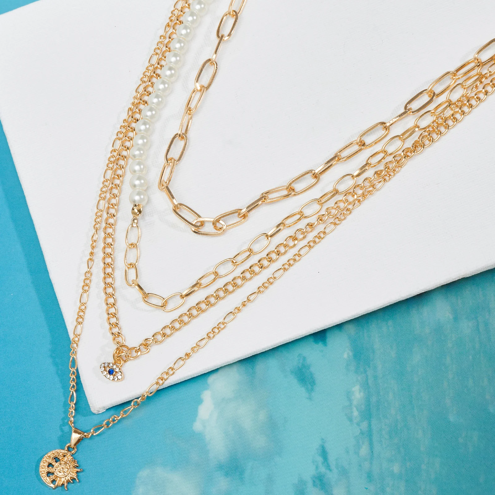 Elin Halo Pearl Eye Layered Necklace - Image 2