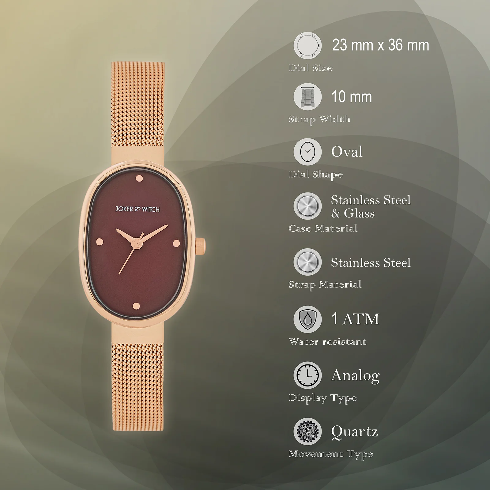 Enola Maroon Small Oval Dial Rose Gold Mesh Strap Women's Watch - Image 7