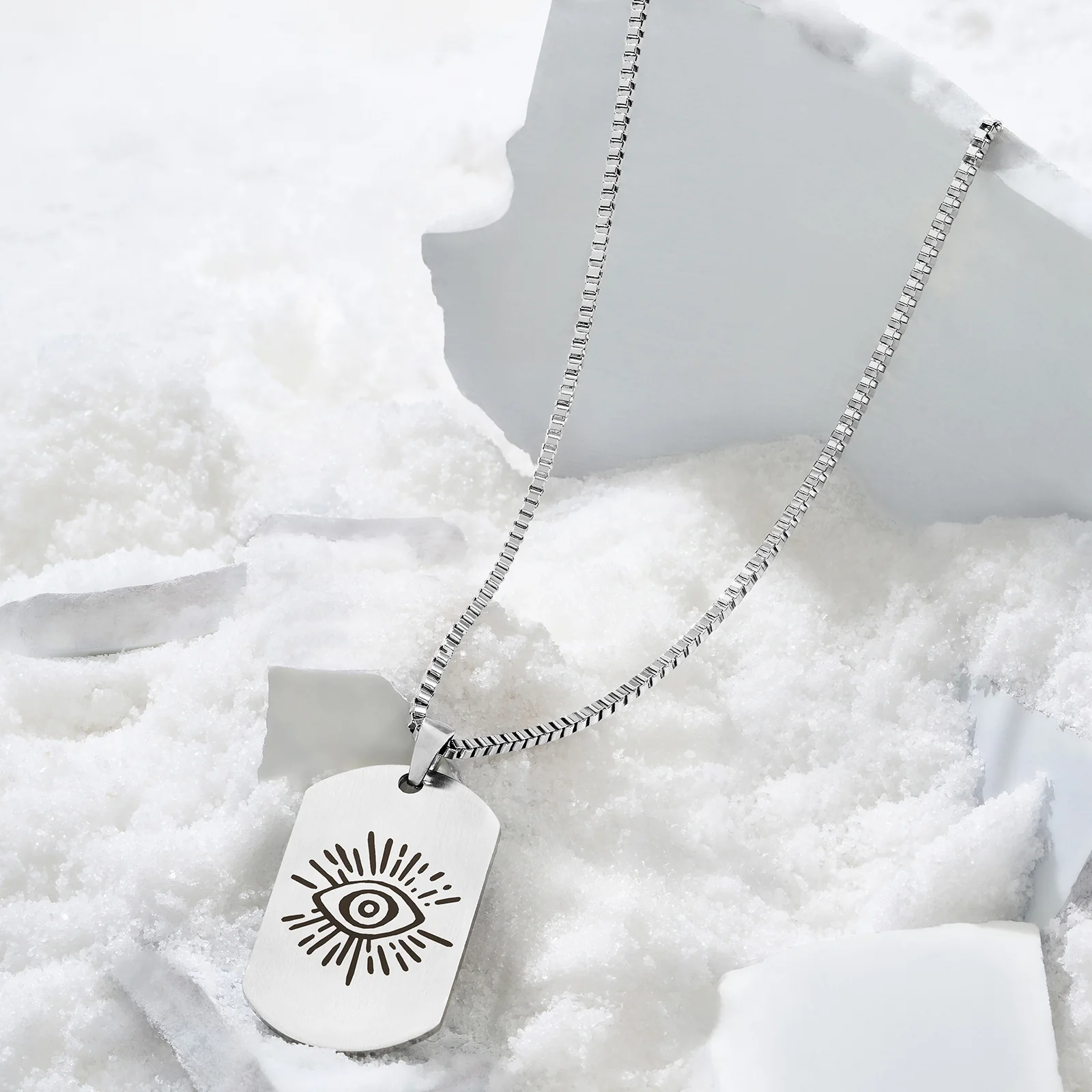 Evil Eye Silver Men's Curve Tag Mantra Necklace - Image 2