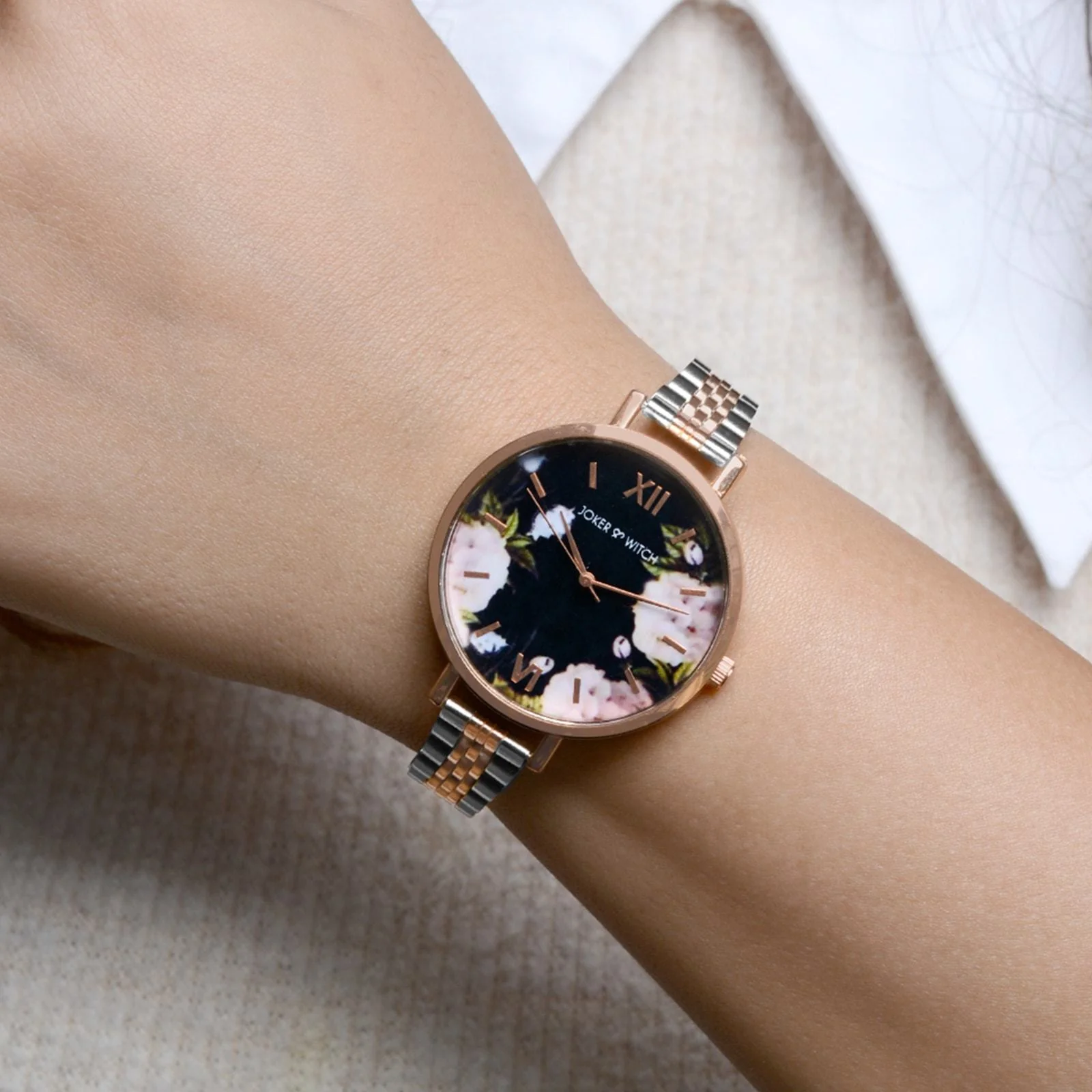 Fleur Black Large Dial Dual Tone Linked Chain Strap Women's Watch