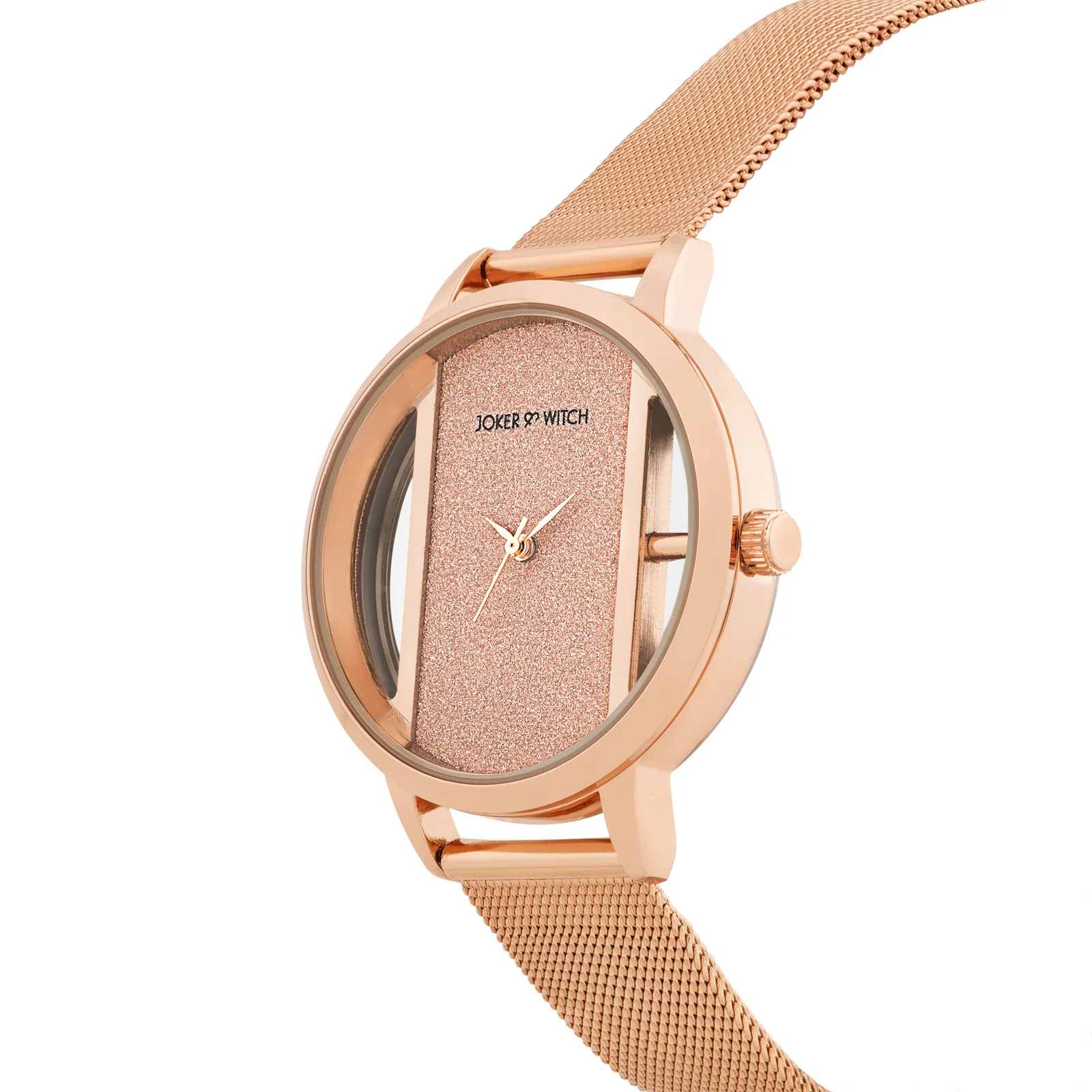 Futuristic Rose Gold Large Glitter Dial Mesh Strap Women's Watch - Image 3