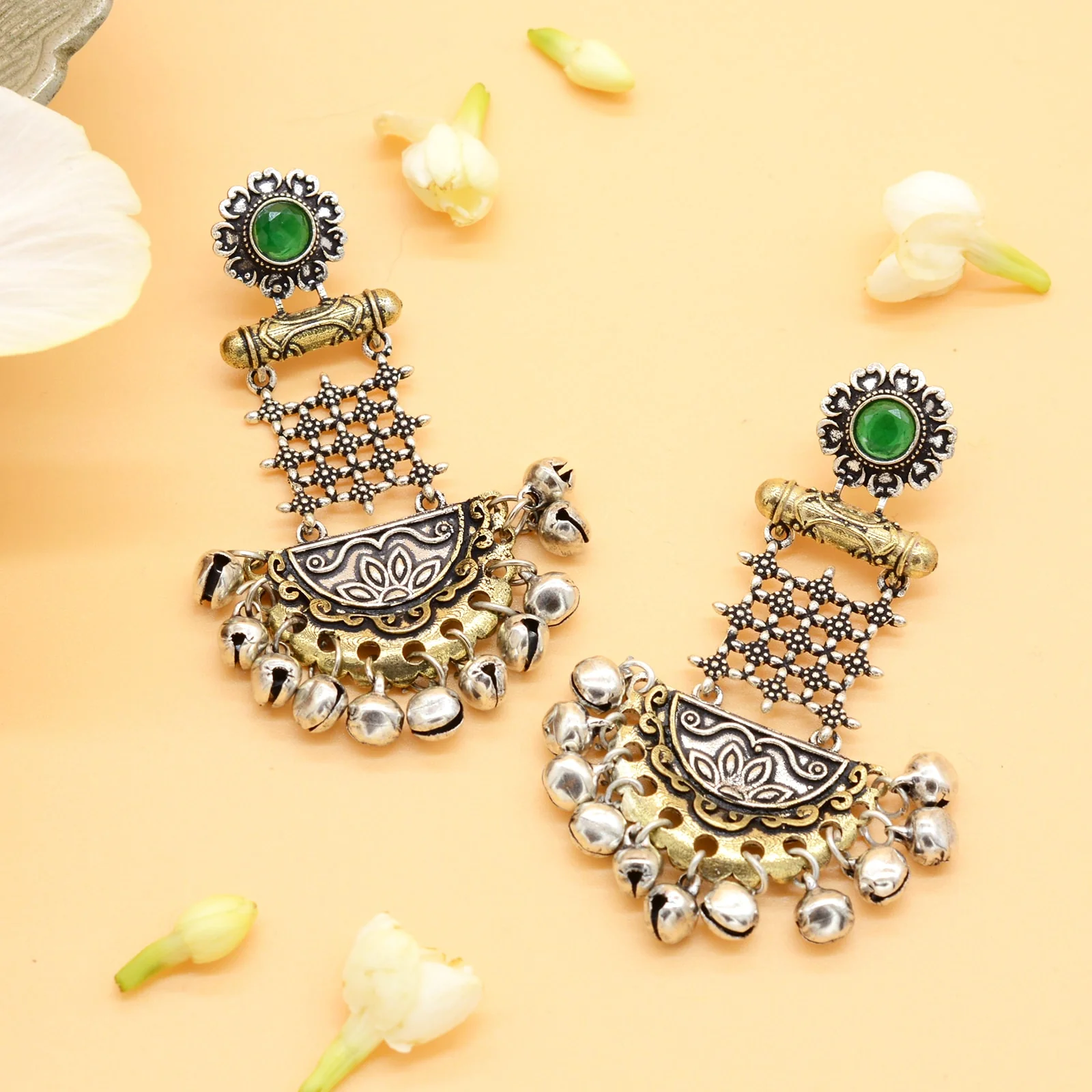 Geometric Green Dual Tone Earrings - Image 2