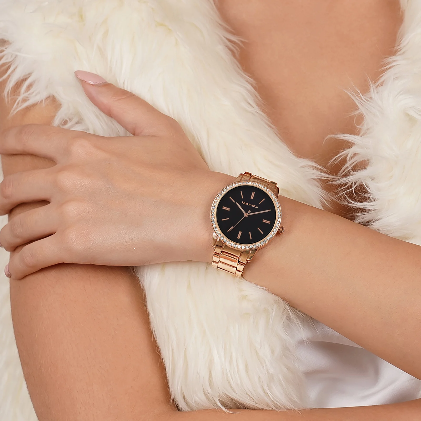 Halo Black Large Rhinestone Dial Rose Gold Linked Chain Strap Women's Watch - Image 2