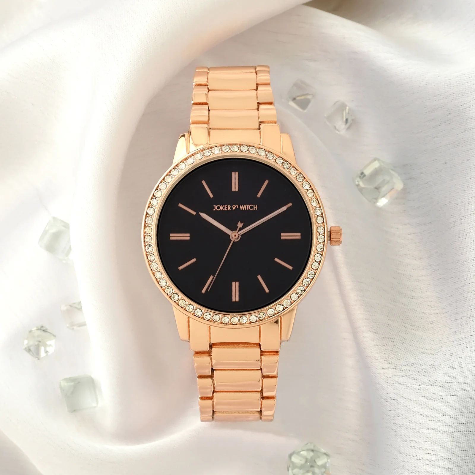 Halo Black Large Rhinestone Dial Rose Gold Linked Chain Strap Women's Watch - Image 3