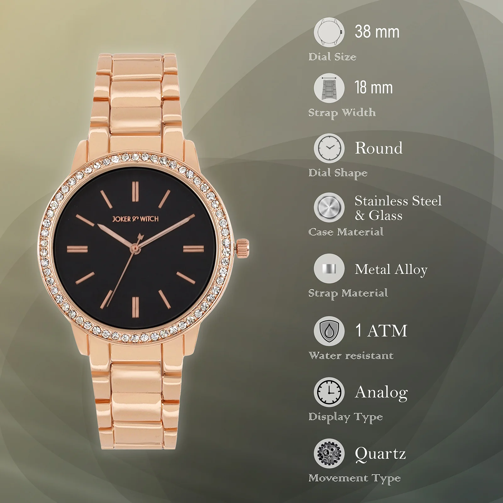 Halo Black Large Rhinestone Dial Rose Gold Linked Chain Strap Women's Watch - Image 7
