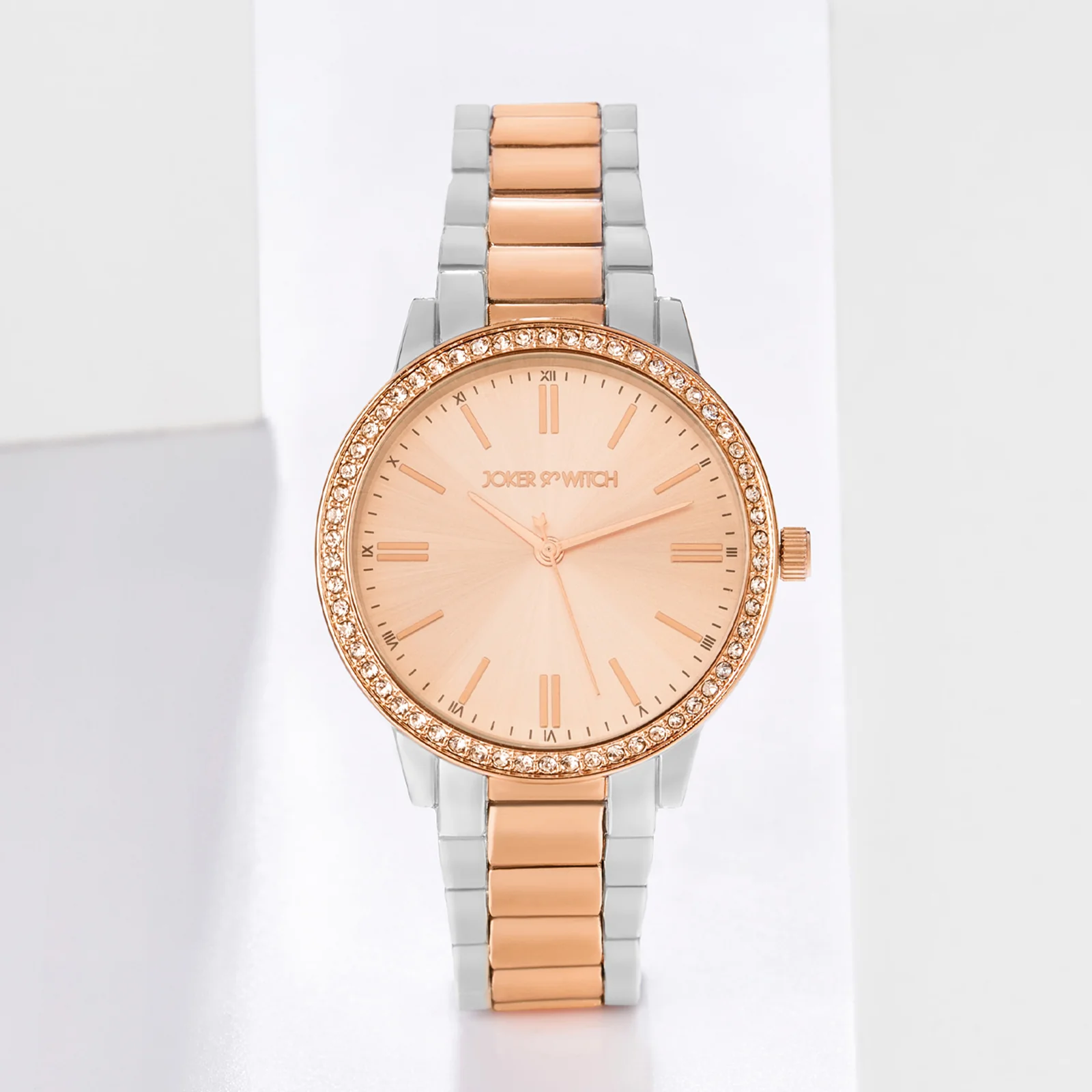 Halo Rose Gold Large Rhinestone Dial Dual Tone Linked Chain Strap Women's Watch