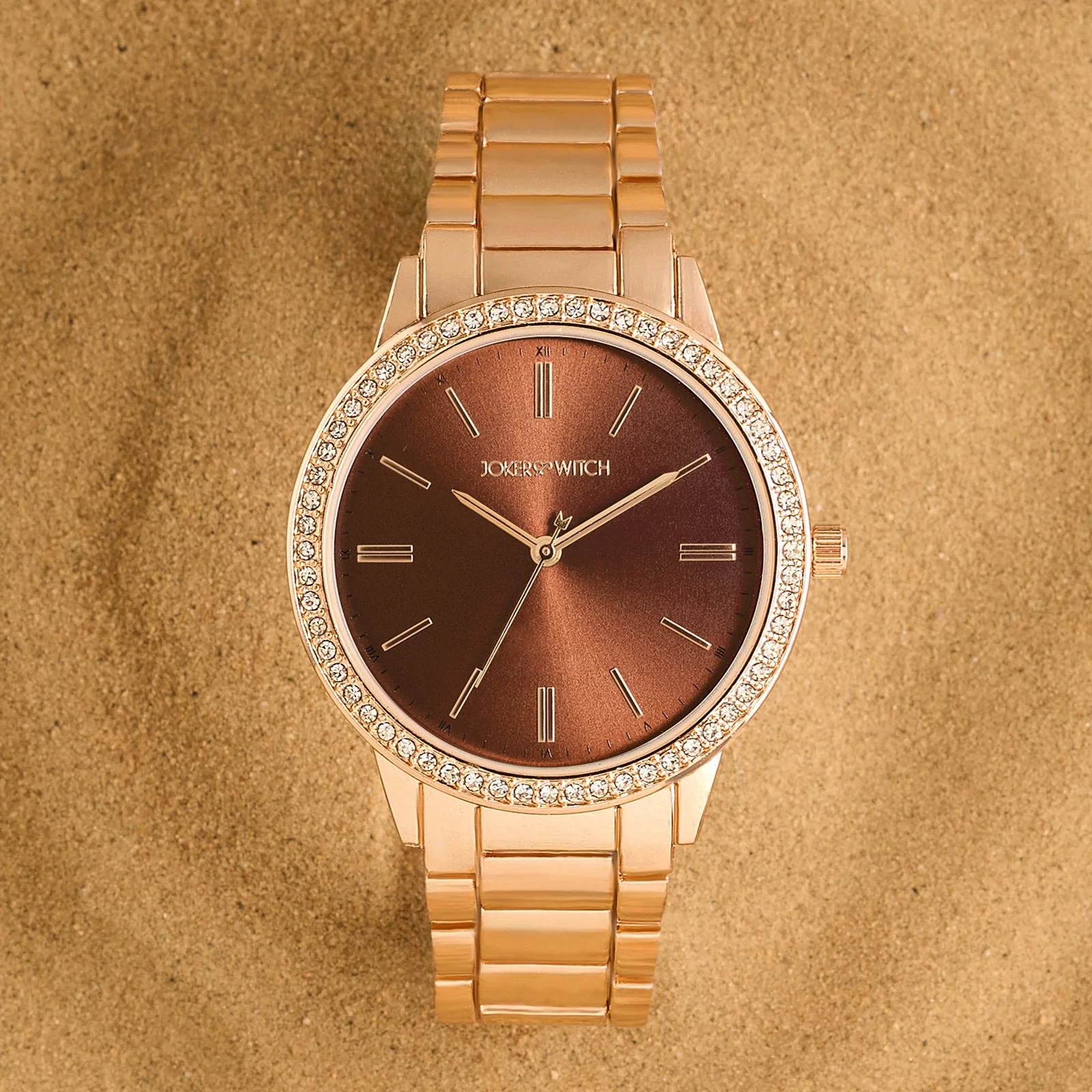 Halo Mocha Sunray Large Rhinestone Dial Rose Gold Linked Chain Strap Women's Watch