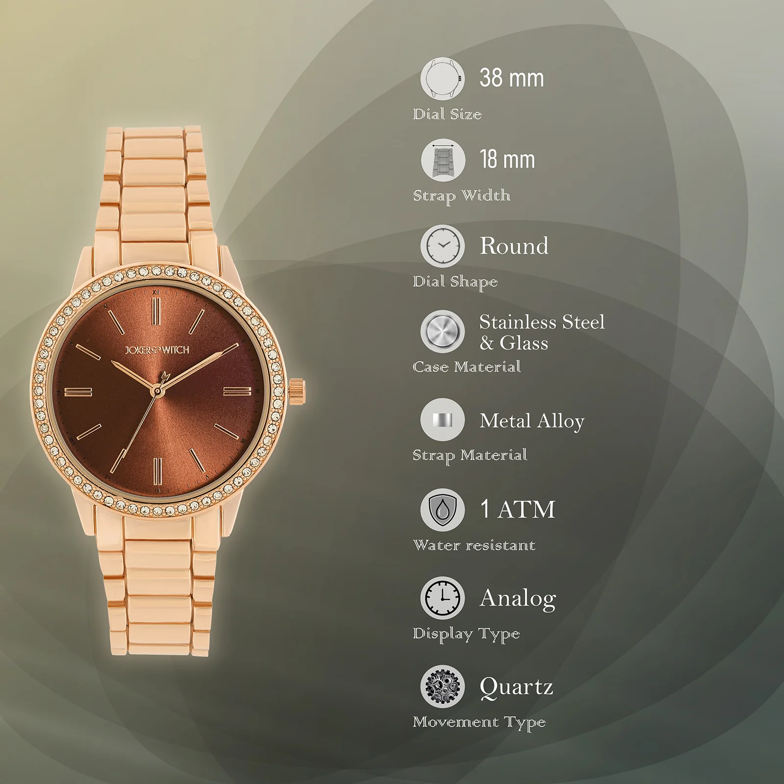 Halo Mocha Sunray Large Rhinestone Dial Rose Gold Linked Chain Strap Women's Watch - Image 7