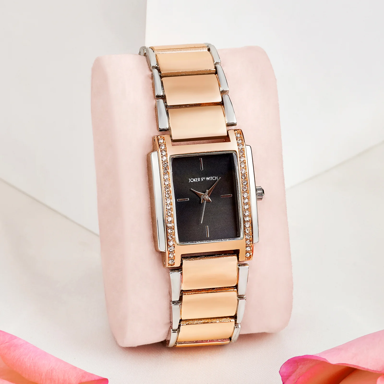 Linear Black Mini Rectangle Rhinestone Dial Dual Tone Linked Chain Strap Women's Watch