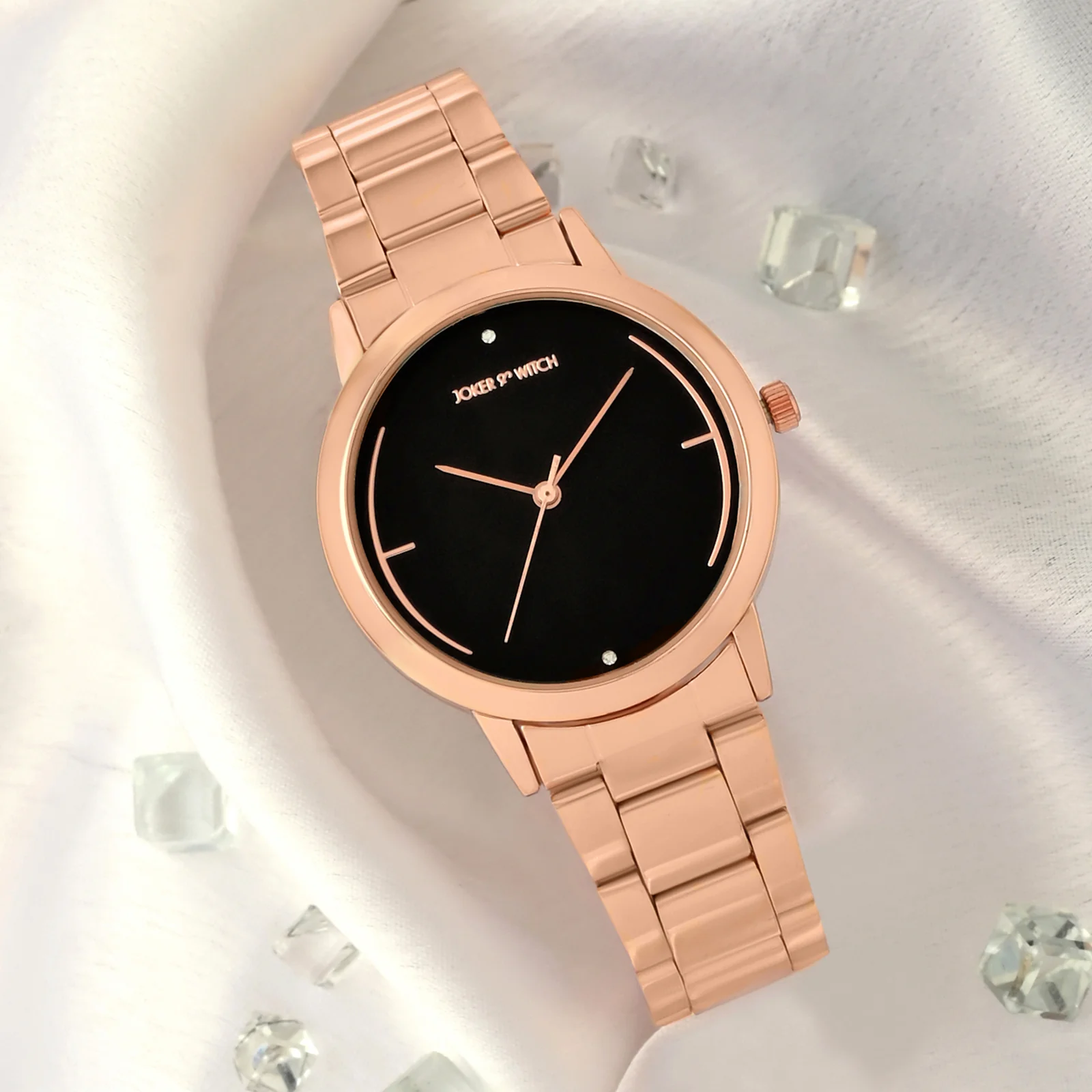 Luna Black Medium Dial Rose Gold Linked Chain Strap Women's Watch