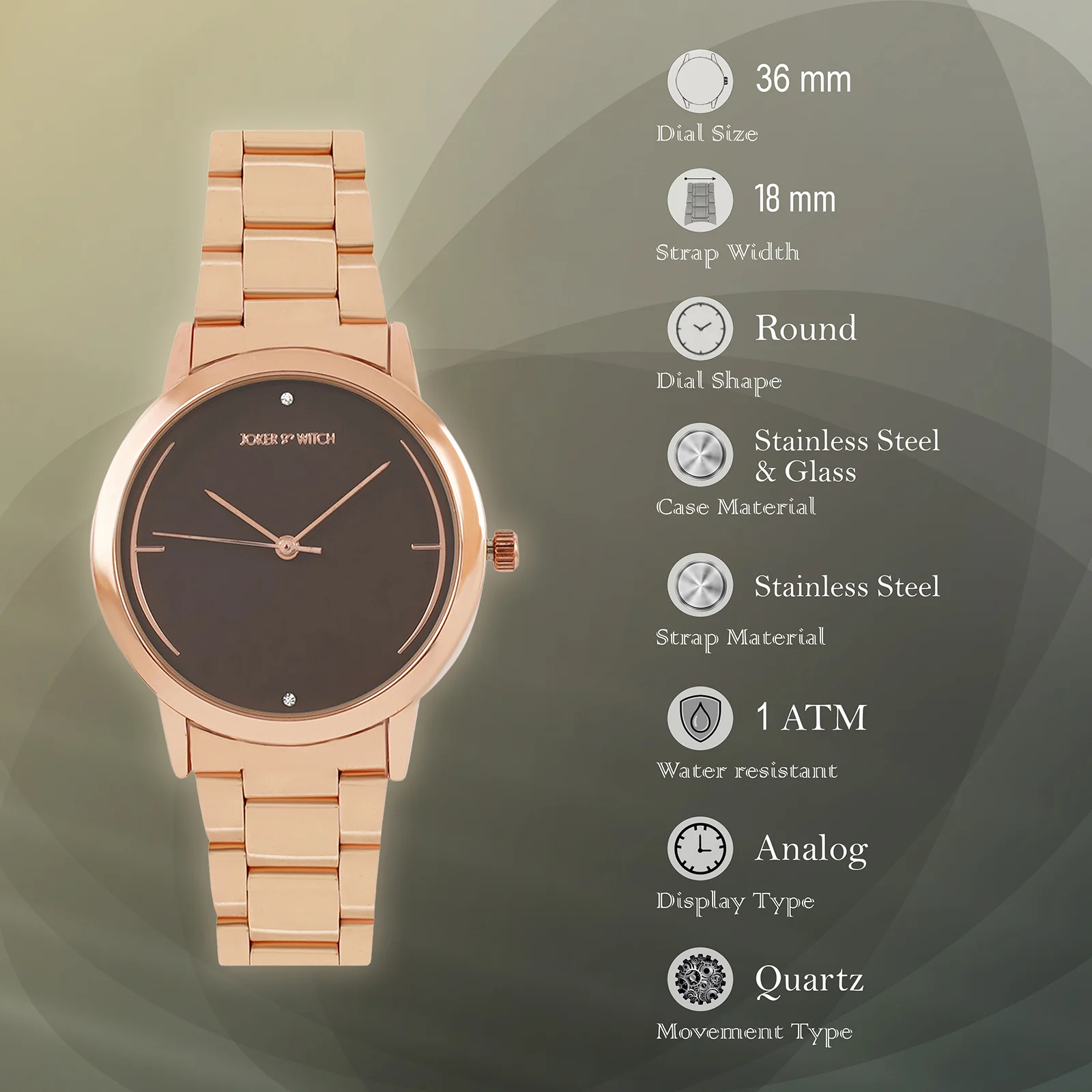 Luna Brown Medium Dial Rose Gold Linked Chain Strap Women's Watch - Image 7