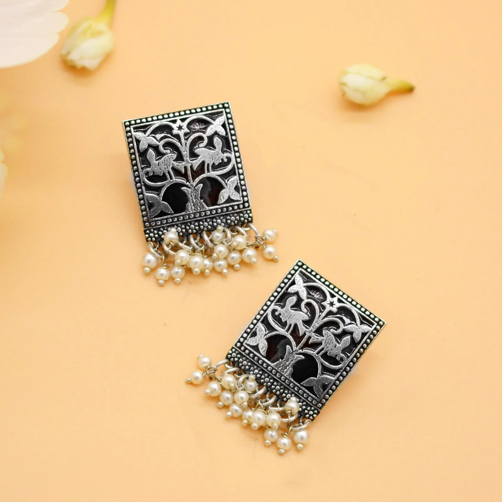Miniature Black Enamel Silver Earrings