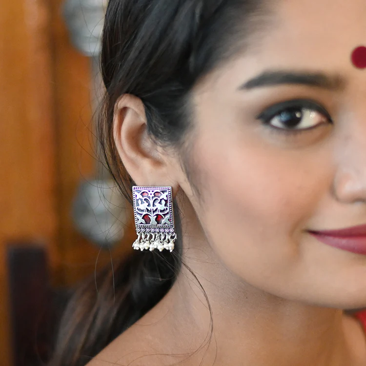Miniature Red Enamel Silver Earrings - Image 2