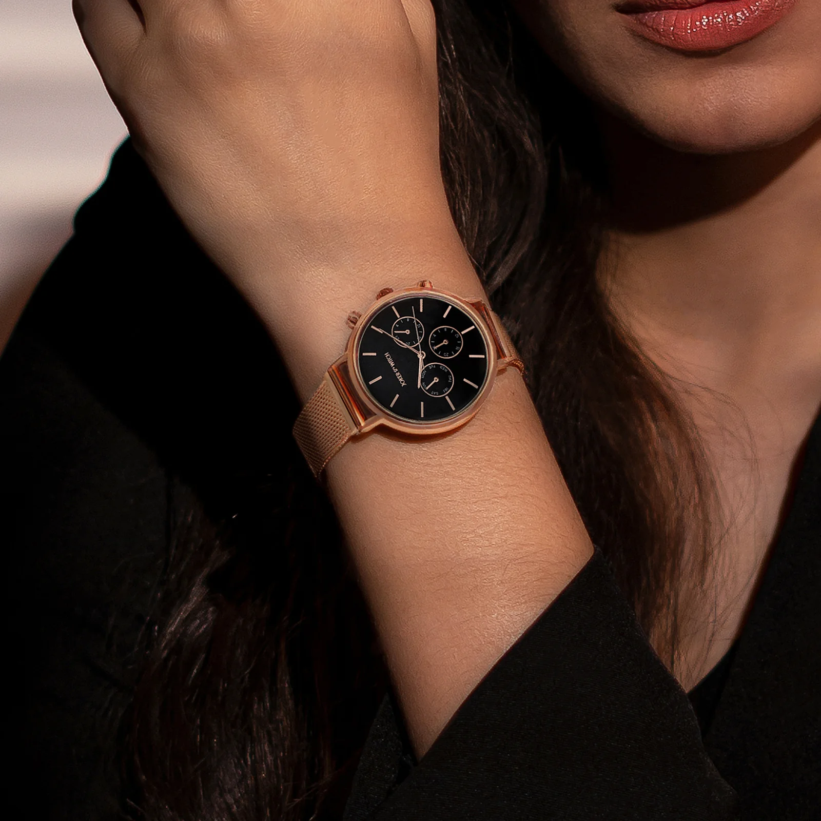 Moscow Black Large Dial Rose Gold Mesh Strap Women's Watch - Image 2