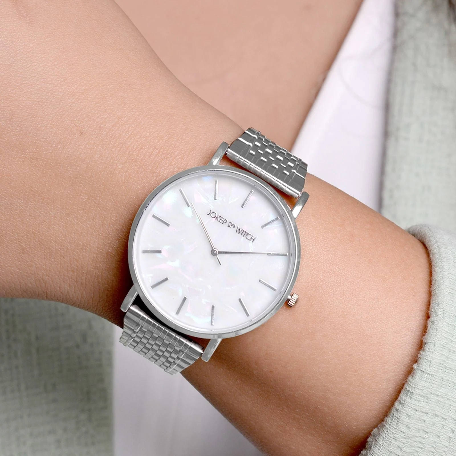 Nebula White MOP Large Dial Silver Linked Chain Strap Women's Watch