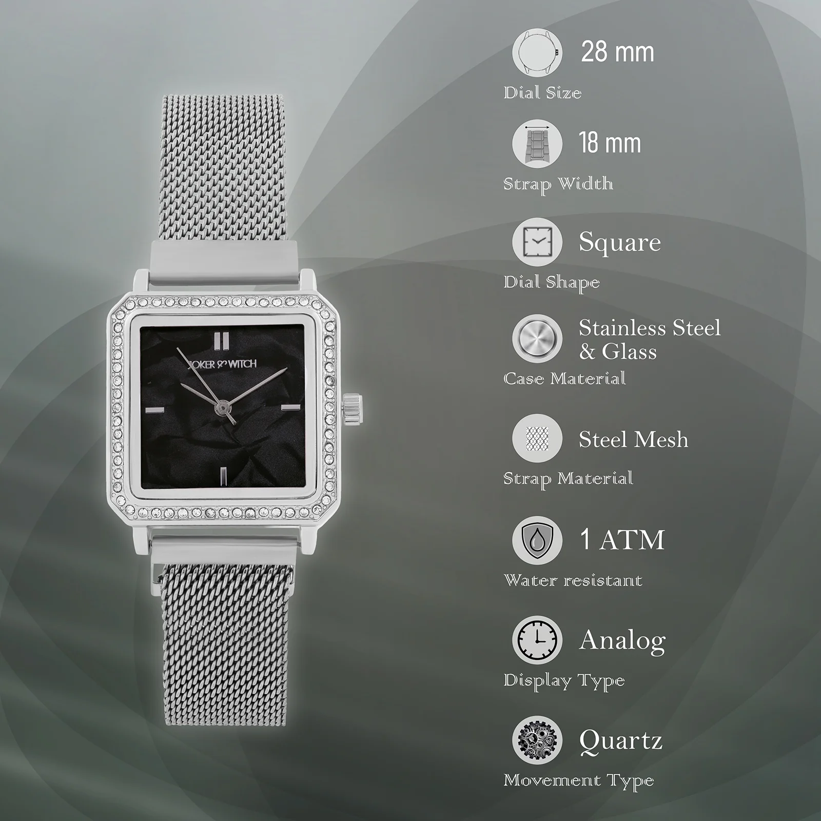 Octa Black Small Square Rhinestone Dial Silver Magnetic Strap Women's Watch - Image 7
