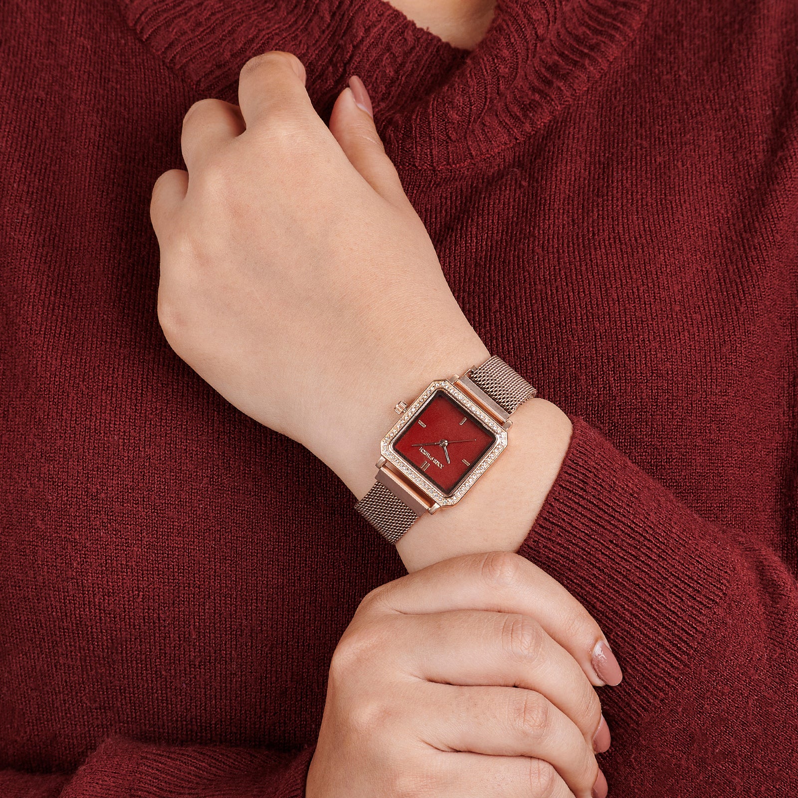 Octa Maroon Small Square Rhinestone Dial Rose Gold Magnetic Strap Women's Watch