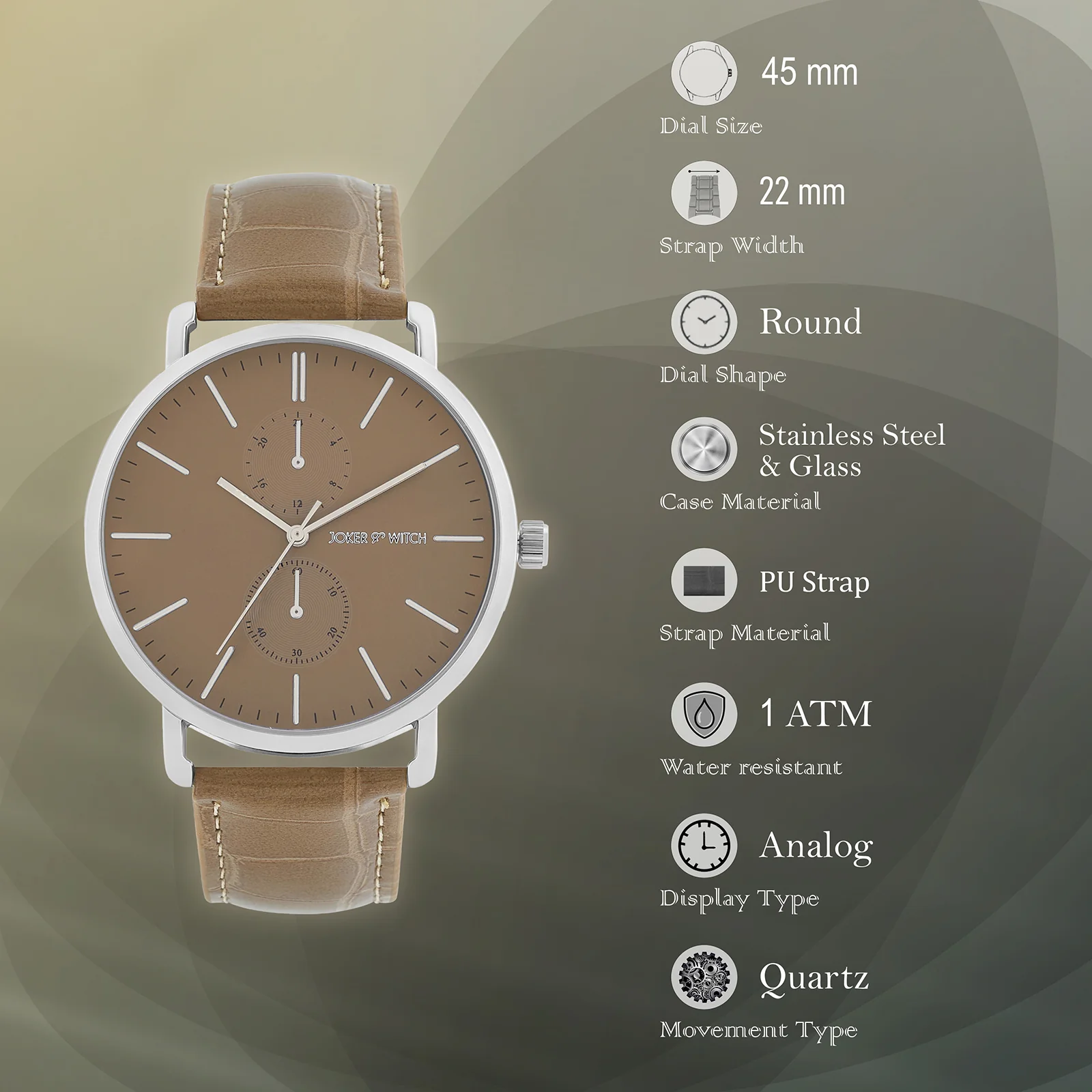 Orion Grey-Brown XLarge Dial PU Strap Men's Watch - Image 7