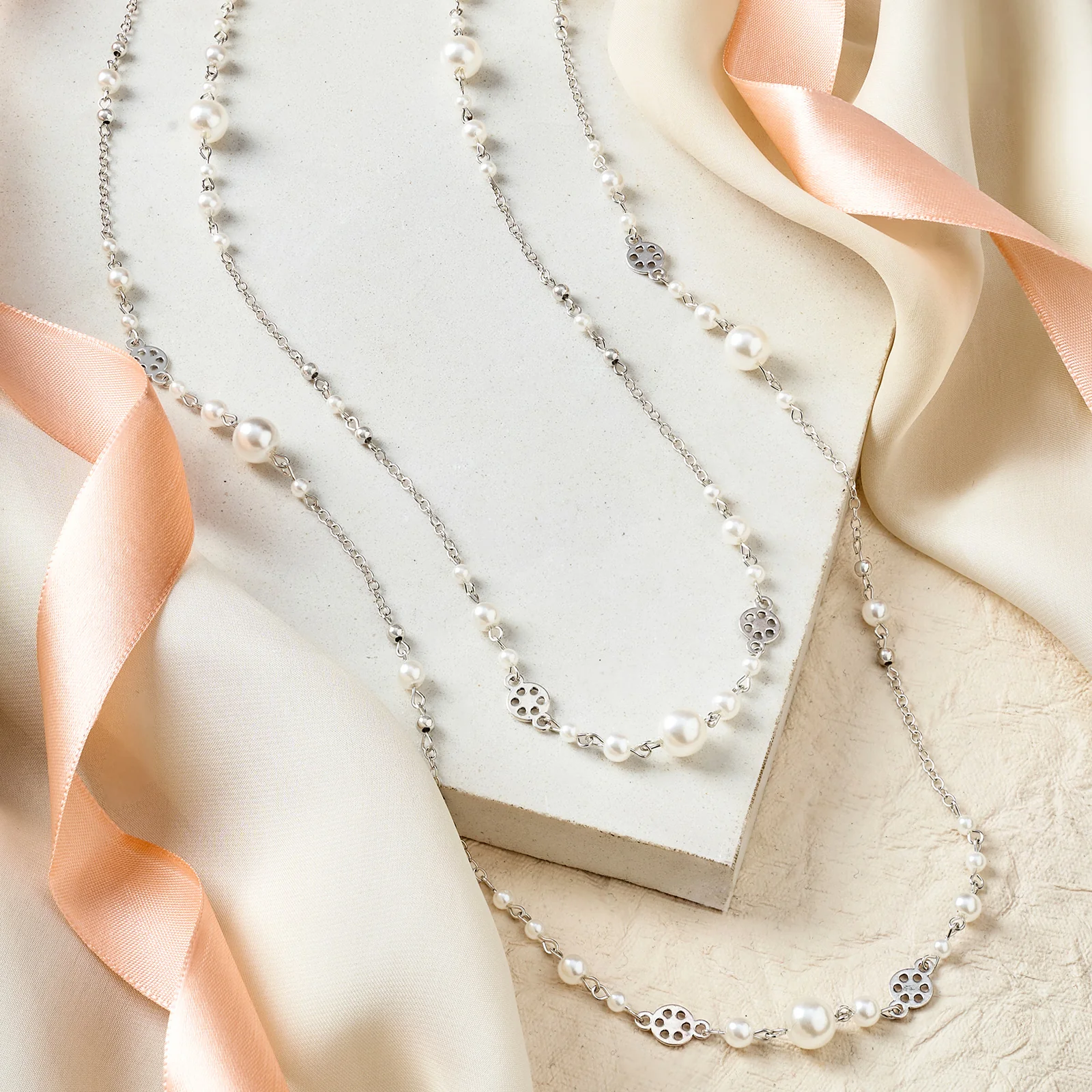 Pearlora Layered Molten Pearl Silver Necklace - Image 2