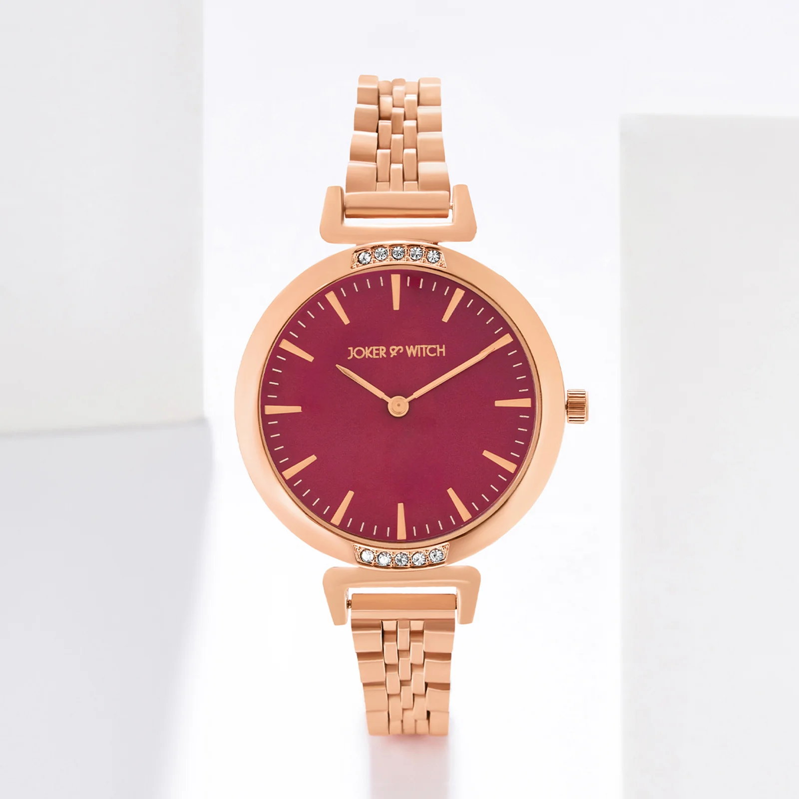 Petite Maroon Medium Dial Rose Gold Linked Chain Strap Women's Watch - Image 2