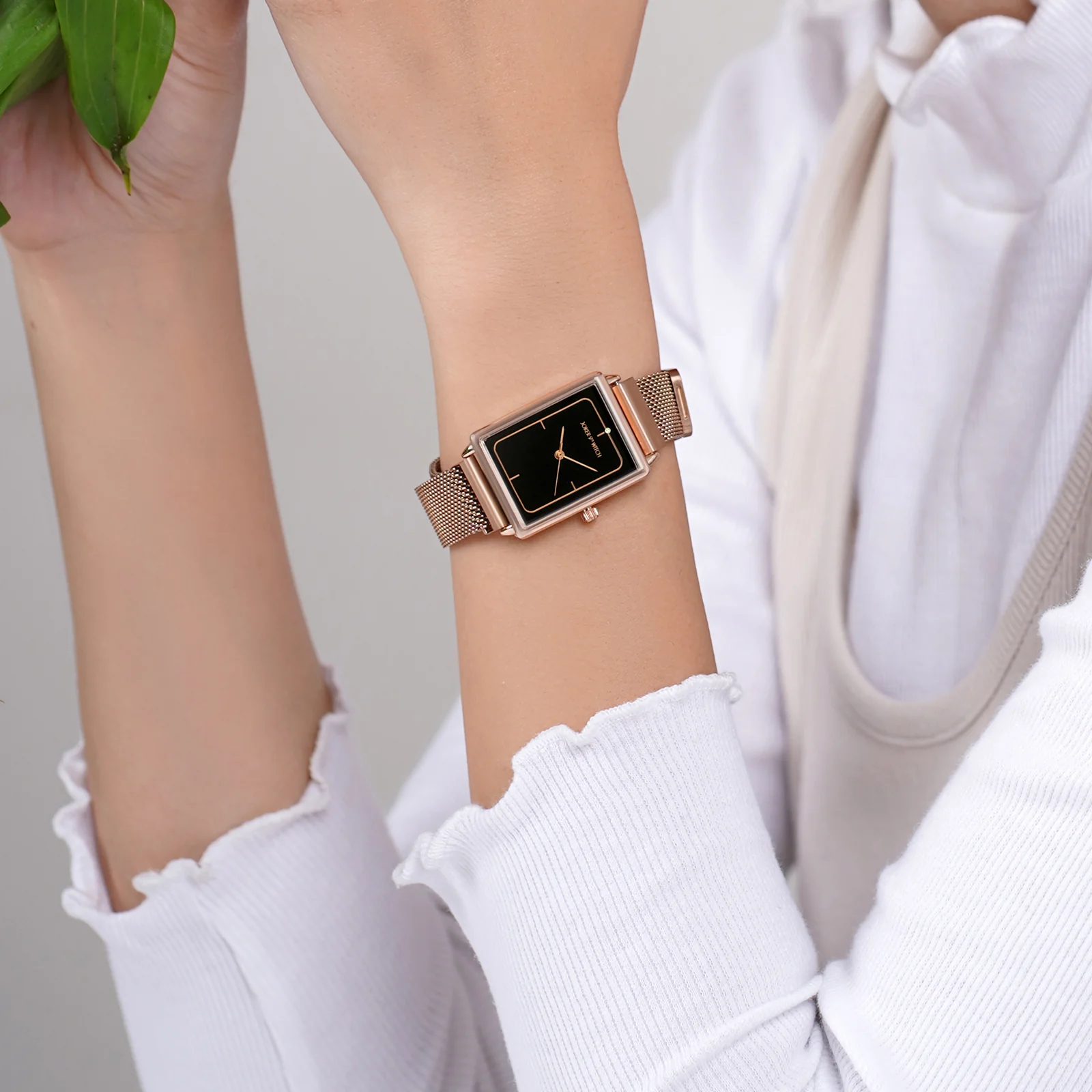 Quad Black Small Rectangle Dial Rose Gold Magnetic Strap Women's Watch - Image 2