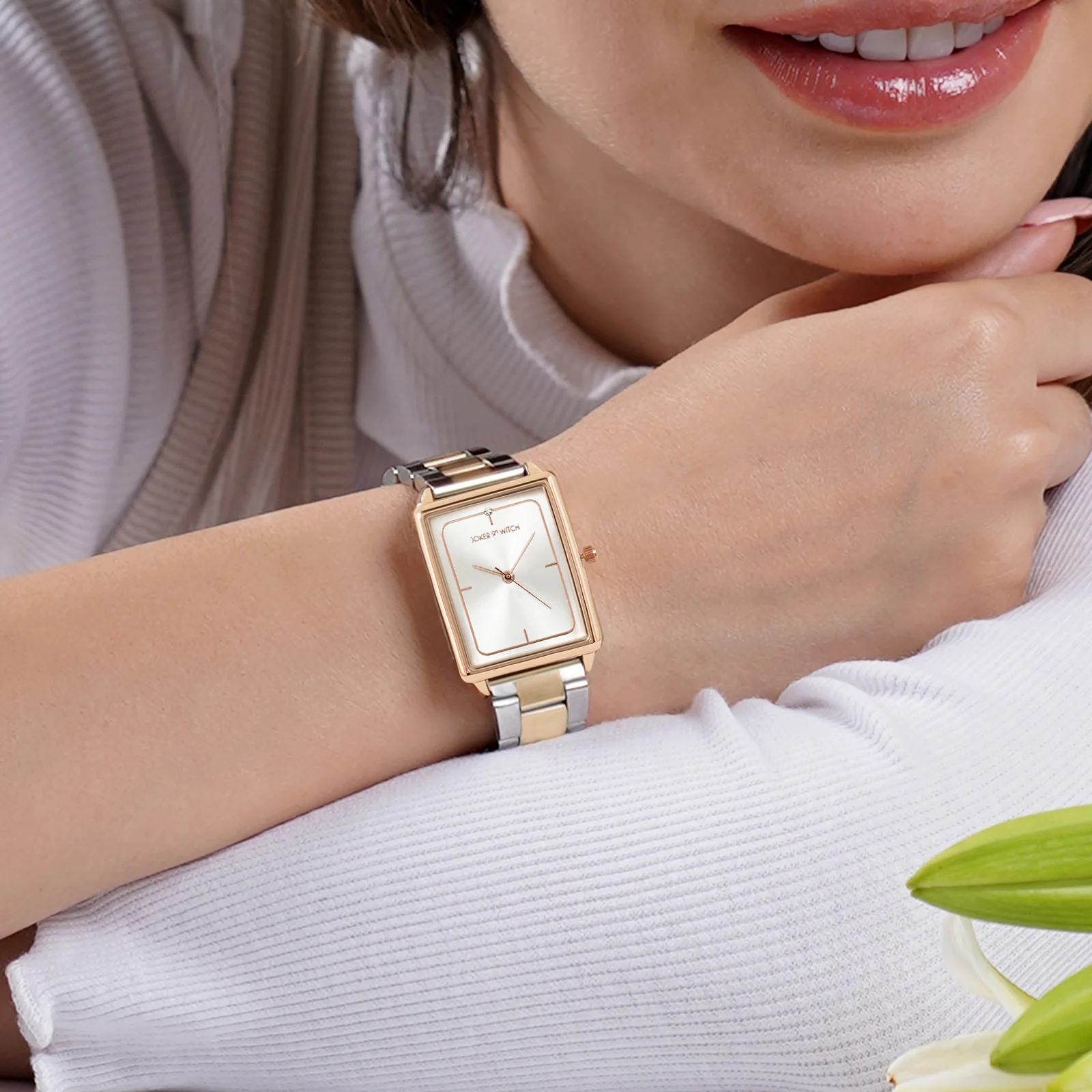 Quad Silver Small Rectangle Dial Dual Tone Linked Chain Strap Women's Watch - Image 2