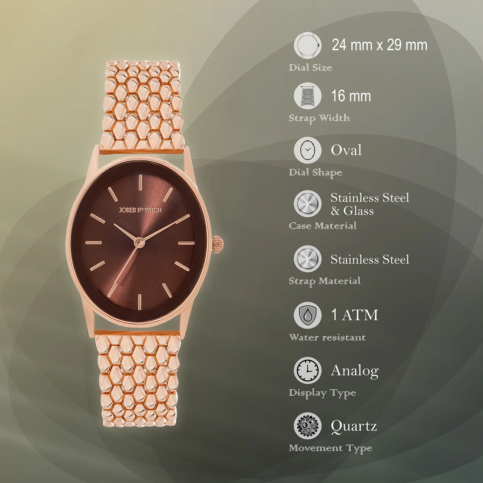 Quisp Mocha Sunray Small Oval Dial Rose Gold Linked Chain Strap Women's Watch - Image 7