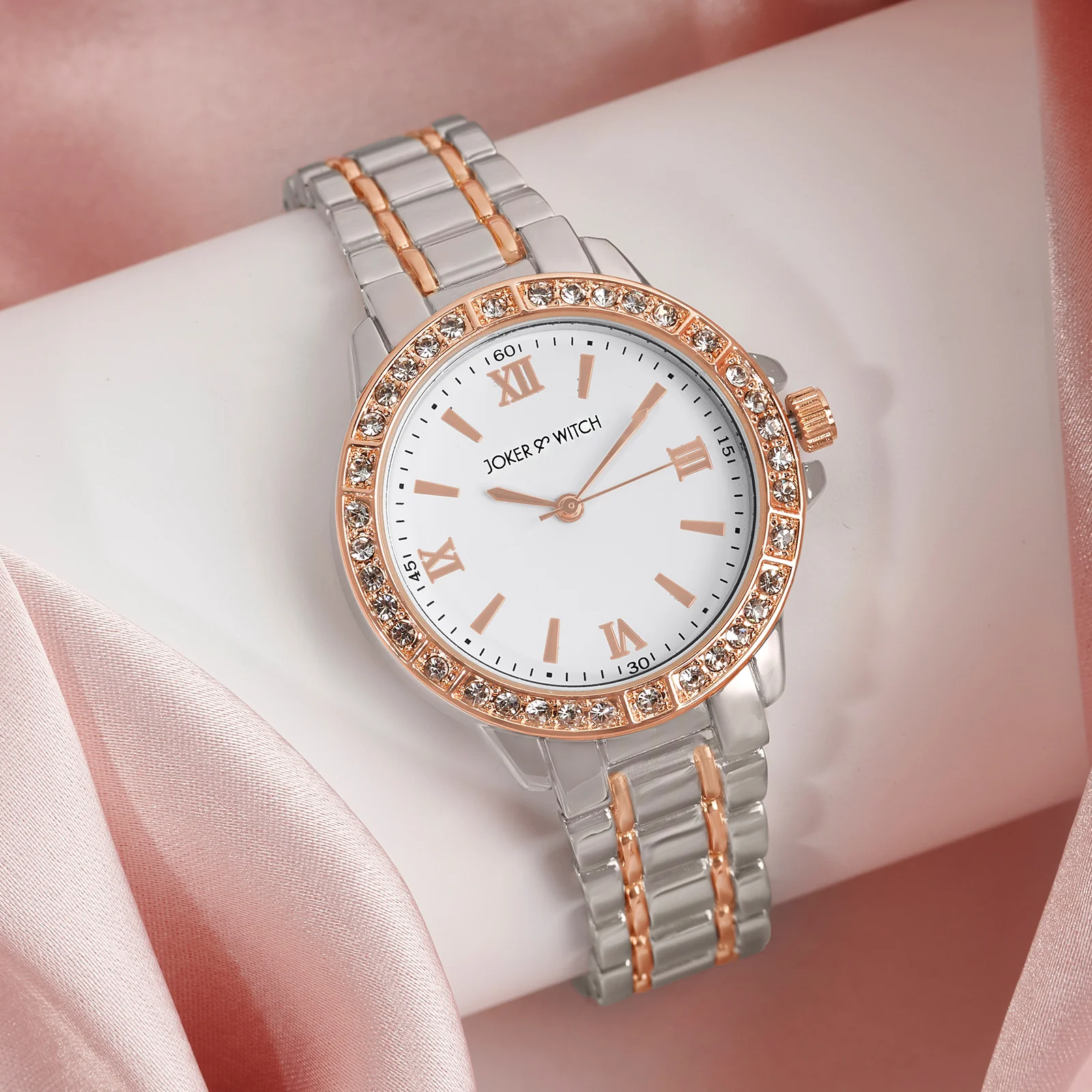 Radiant Halo White Medium Rhinestone Dial Dual Tone Linked Chain Strap Women's Watch