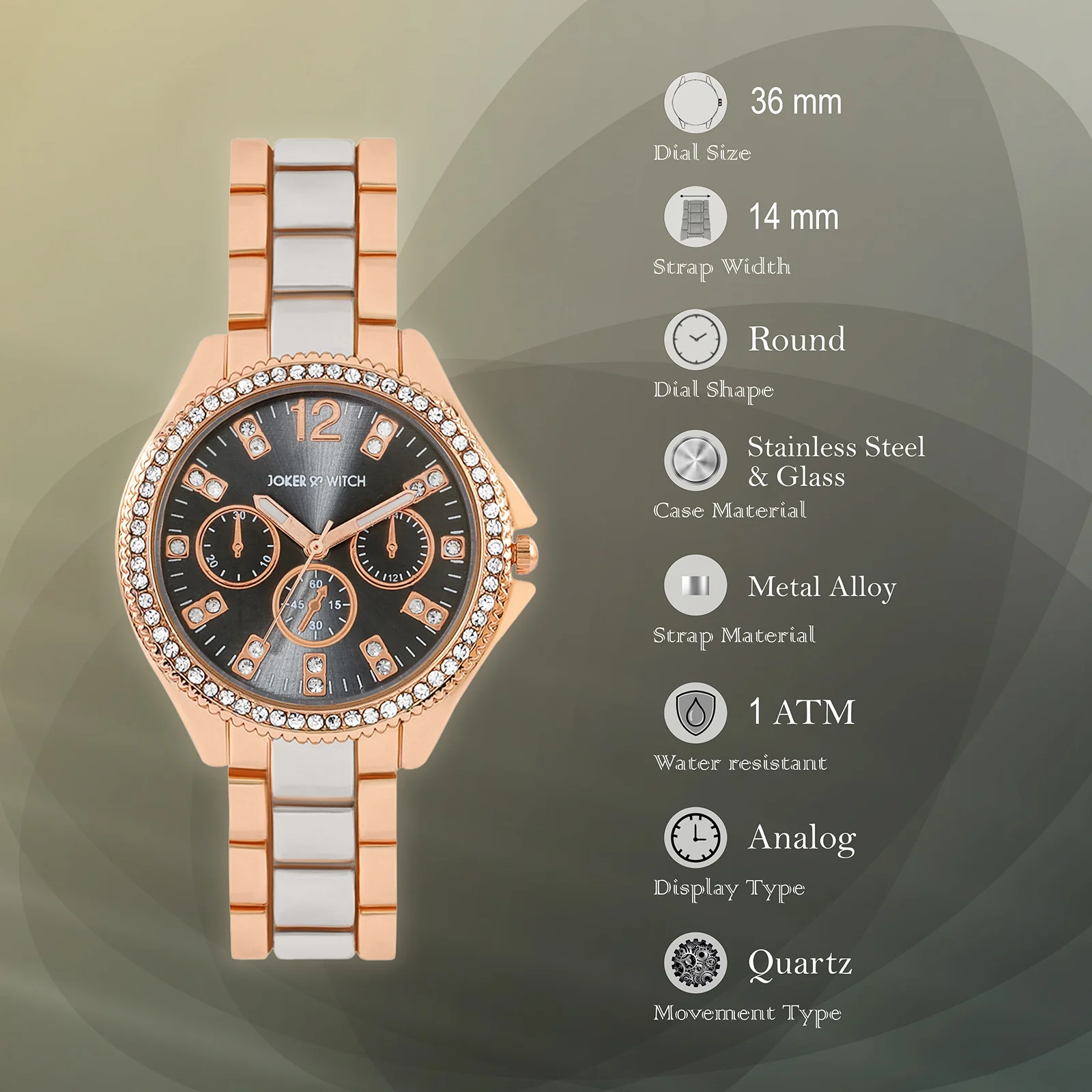 Reina Black Sunray Medium Rhinestone Dial Dual Tone Linked Chain Strap Women's Watch - Image 7
