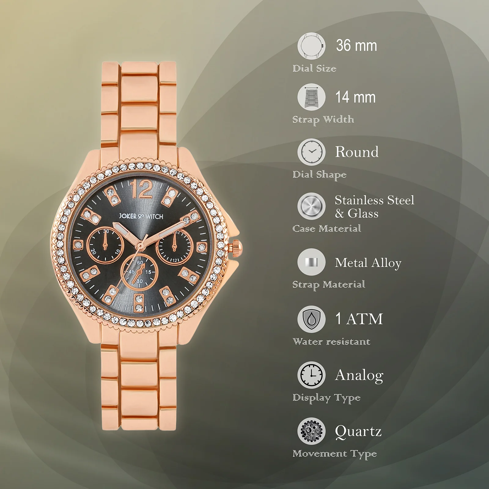 Reina Black Sunray Medium Rhinestone Dial Rose Gold Linked Chain Strap Women's Watch - Image 7