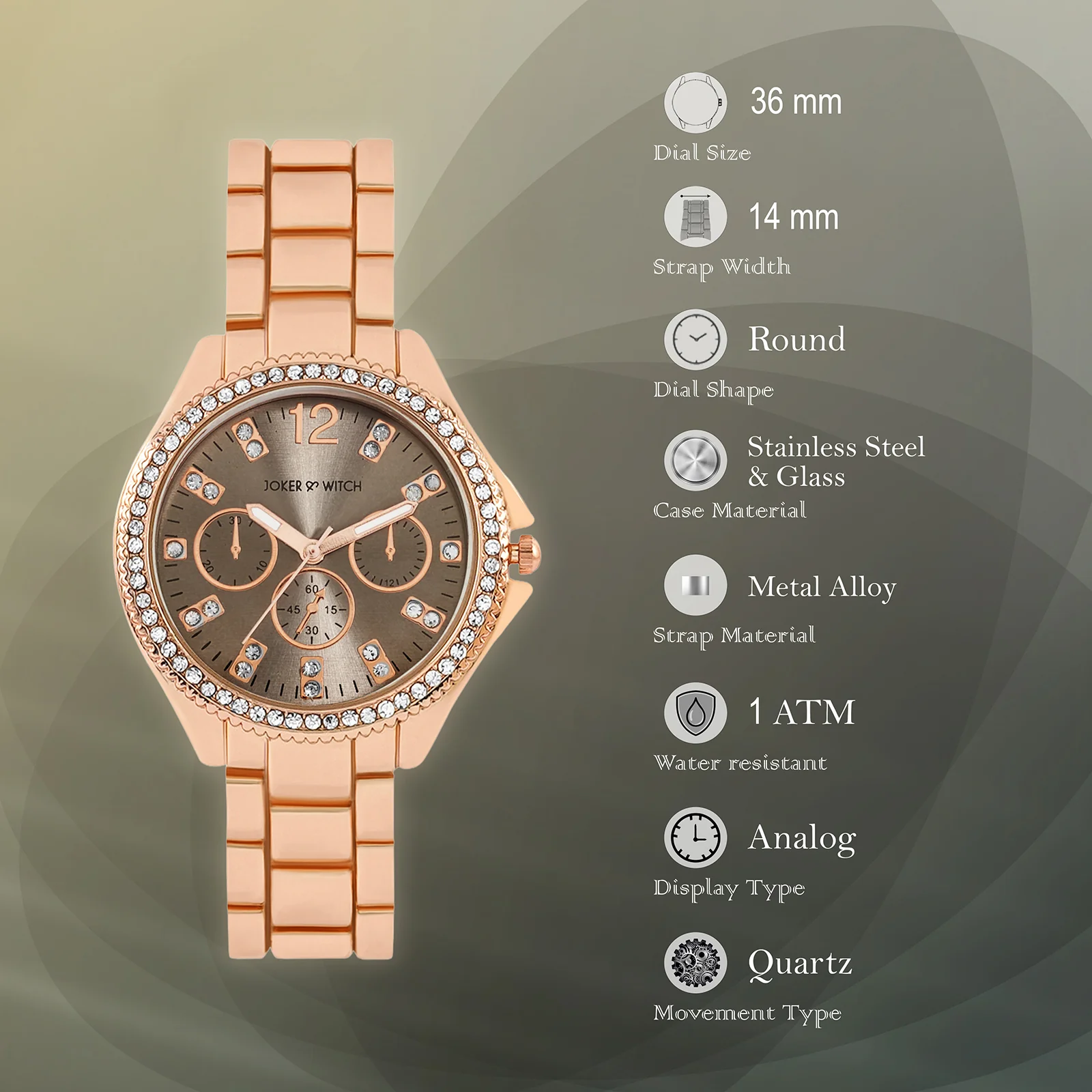 Reina Taupe Sunray Medium Rhinestone Dial Rose Gold Linked Chain Strap Women's Watch - Image 7