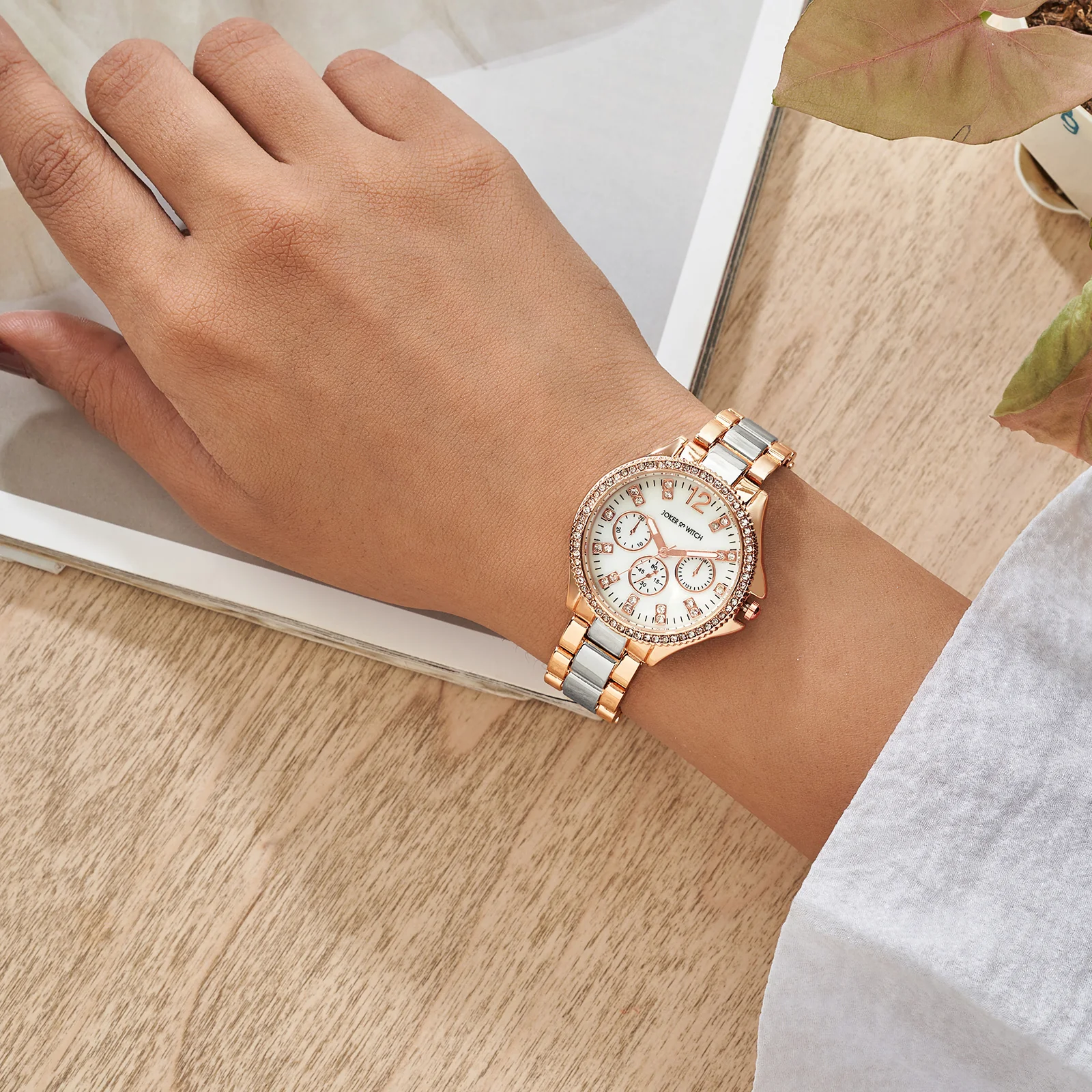 Reina White MOP Medium Rhinestone Dial Dual Tone Linked Chain Strap Women's Watch - Image 3