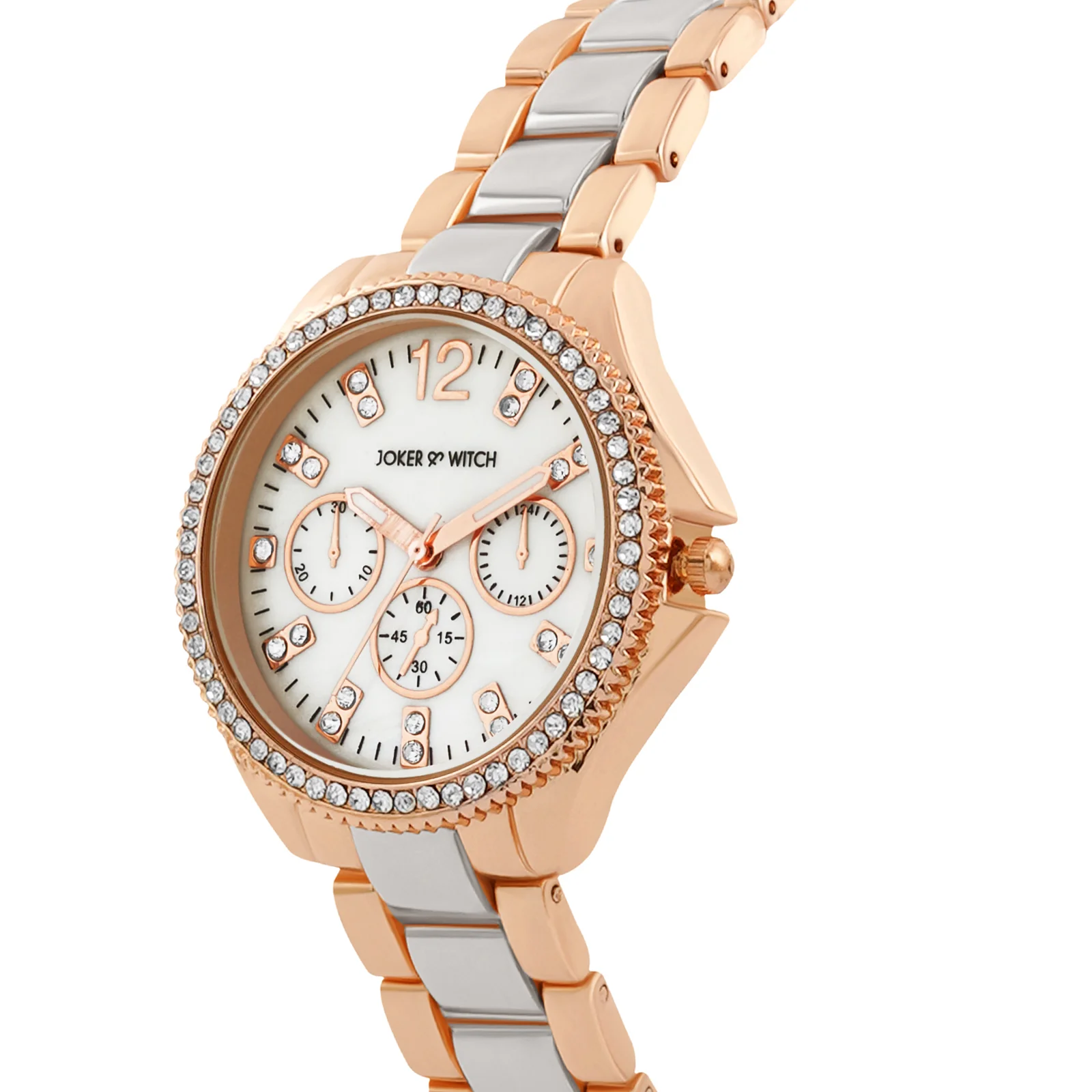 Reina White MOP Medium Rhinestone Dial Dual Tone Linked Chain Strap Women's Watch - Image 4