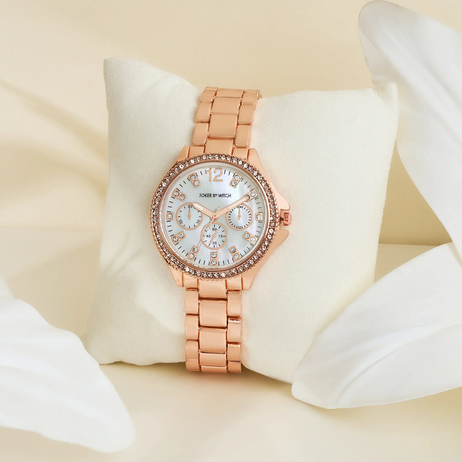 Reina White MOP Medium Rhinestone Dial Rose Gold Linked Chain Strap Women's Watch - Image 3